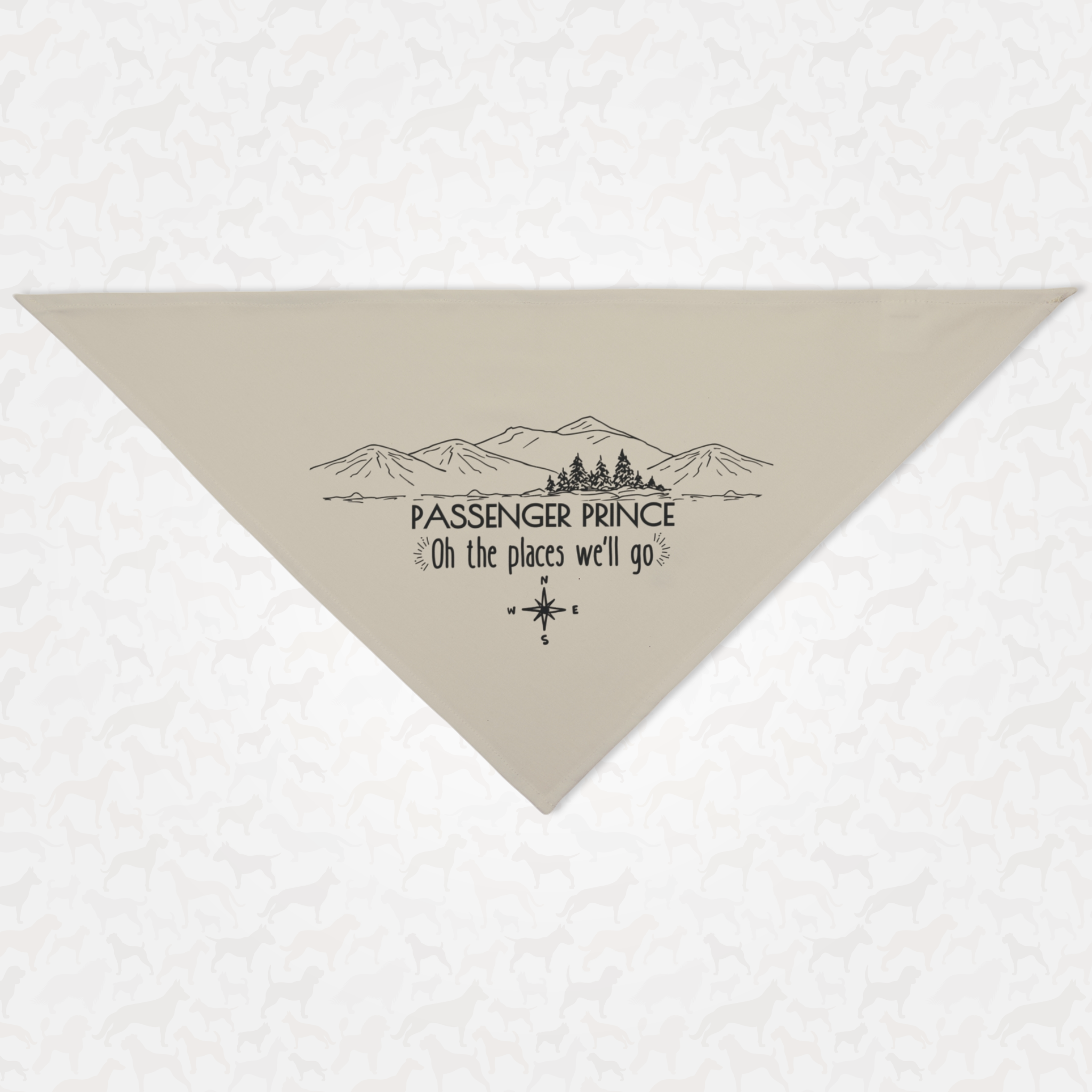 Cute dog bandana with mountain landscape graphic saying "Passenger Prince. Oh the Places We'll Go."