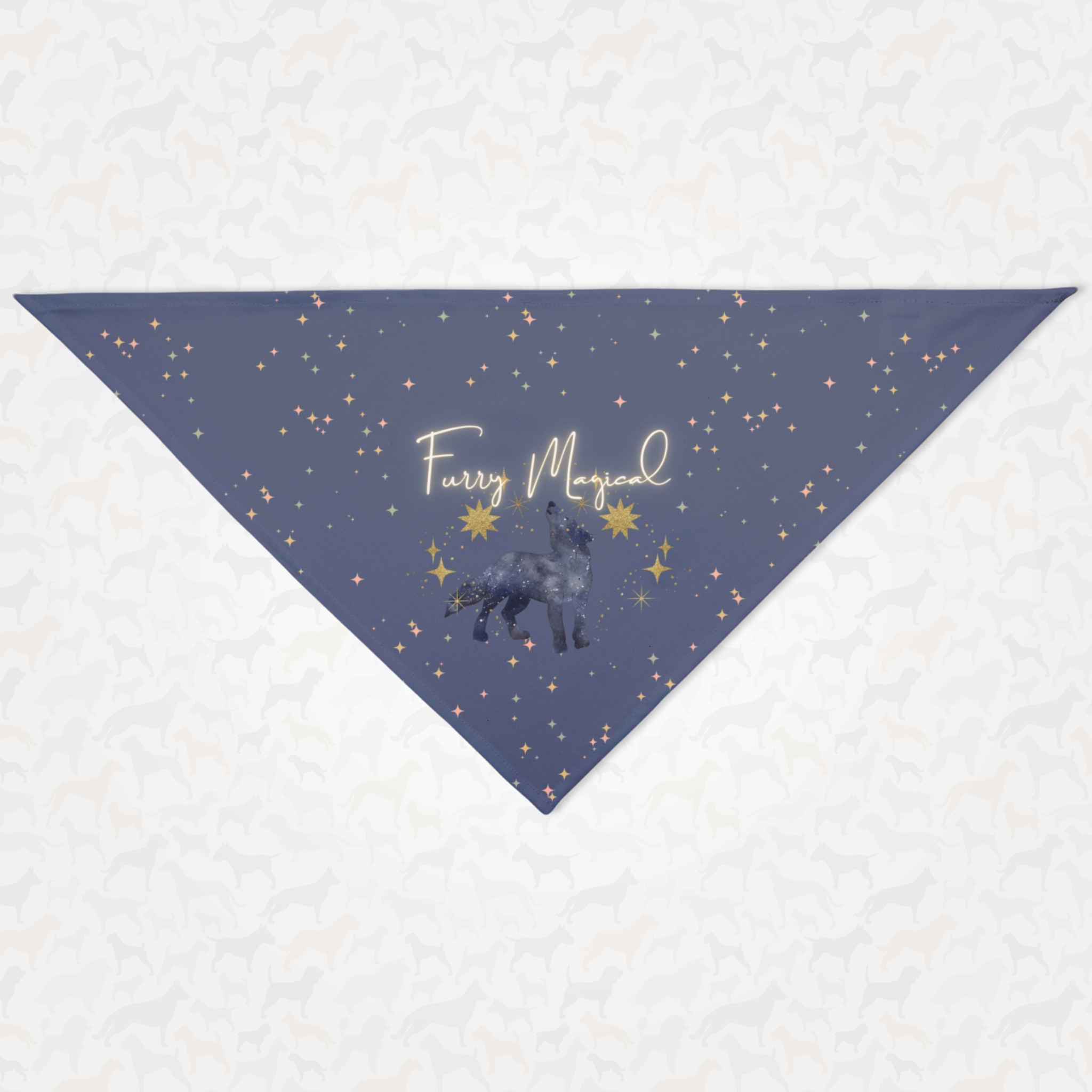 Cute dog bandana with stars pattern and "Furry Magical" pun quote.