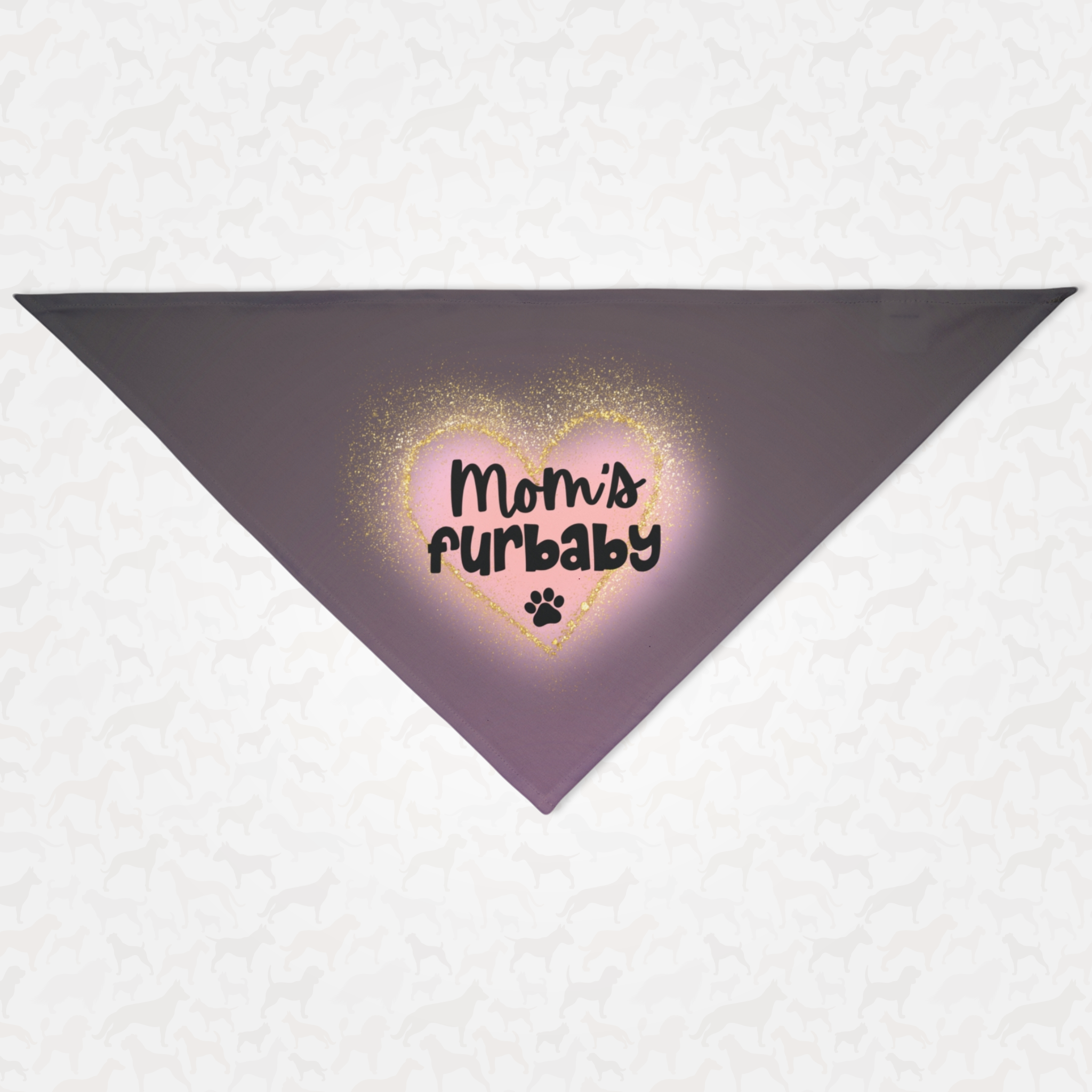 Cute purple dog bandana with glowing glitter heart saying Mom's Furbaby.