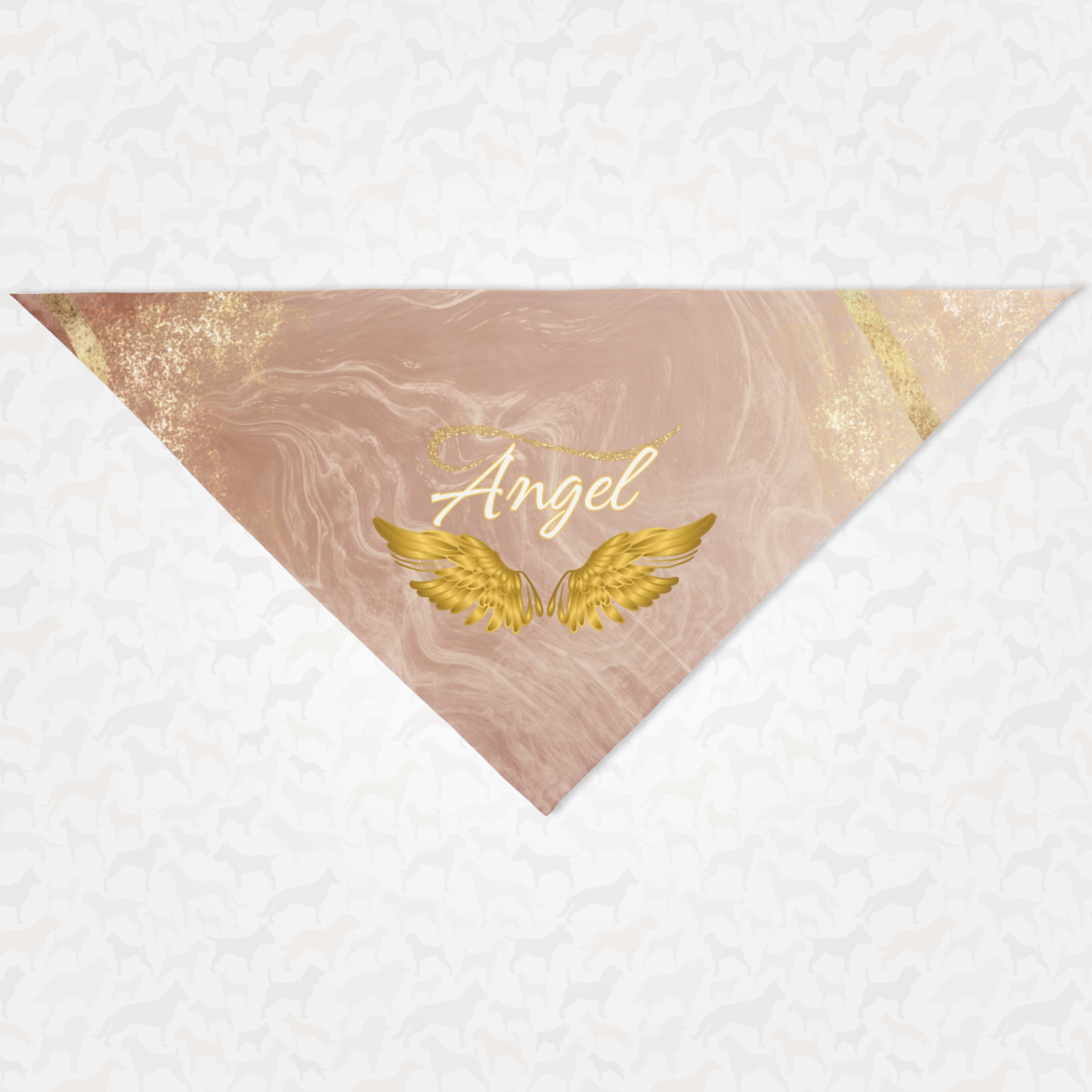 Cute stylish pink dog bandana featuring gold wings and the word Angel in cursive font.