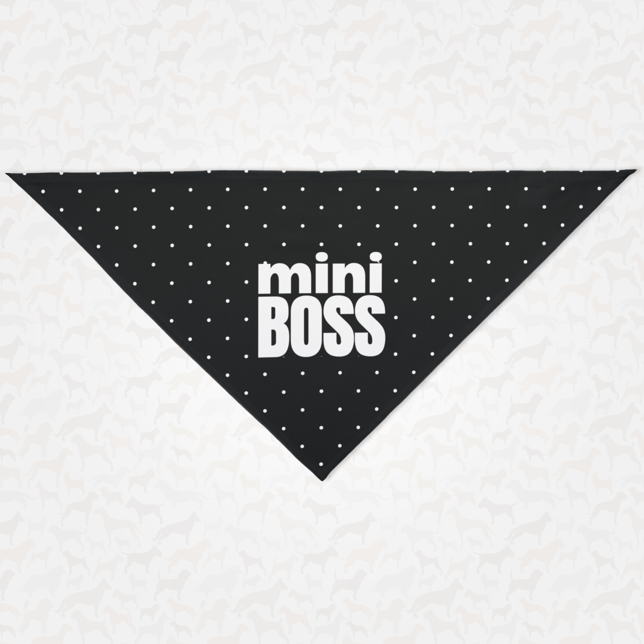 Black polka dot dog bandana saying Mini Boss.