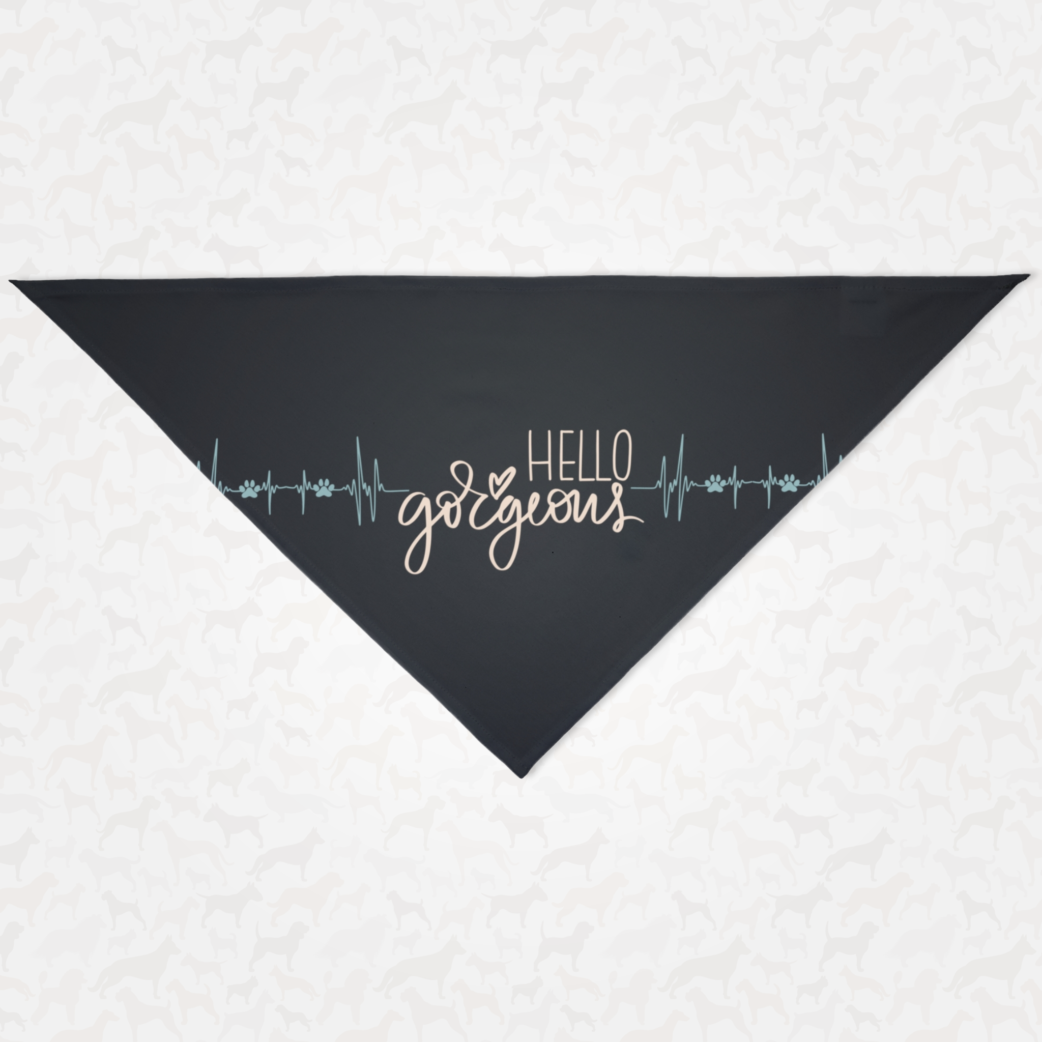 Cute dog bandana with heartbeat and Hello Gorgeous quote printed on it.