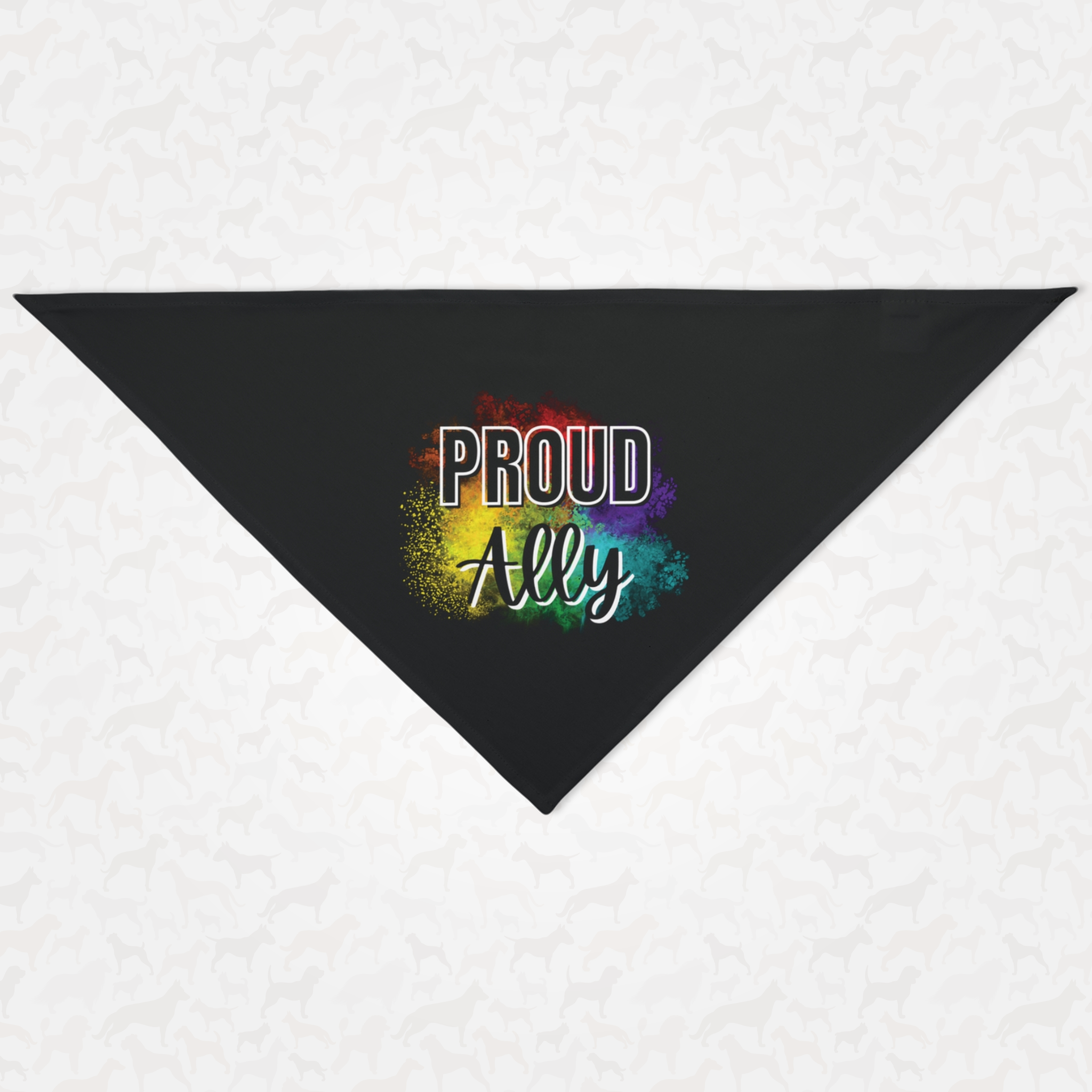 Dog Pride bandana with rainbow brush backdrop and "Proud Ally" quote.