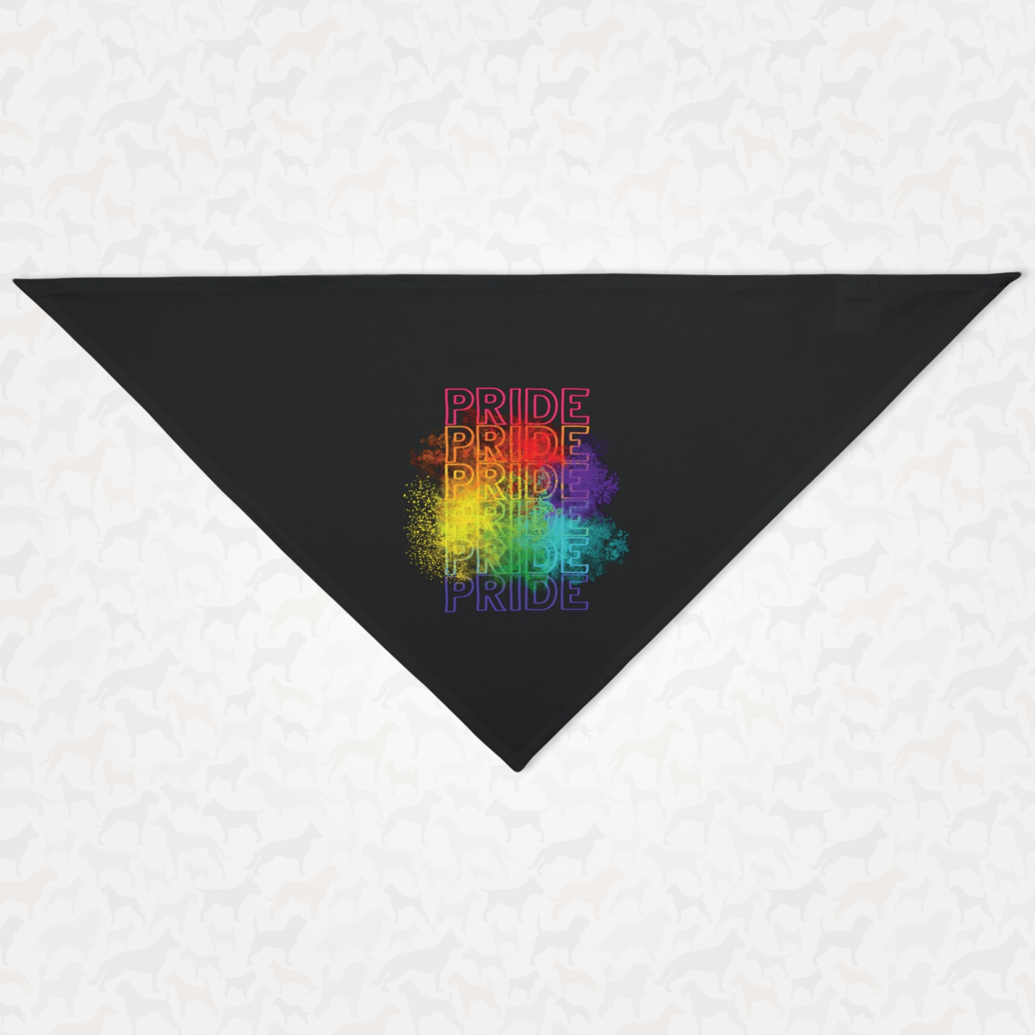 Dog Pride bandana with rainbow brush backdrop.