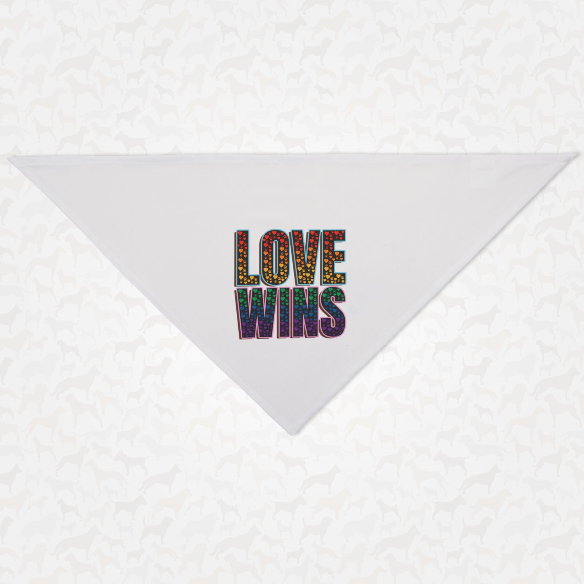 Dog Pride bandana with rainbow colored paws saying Love Wins.