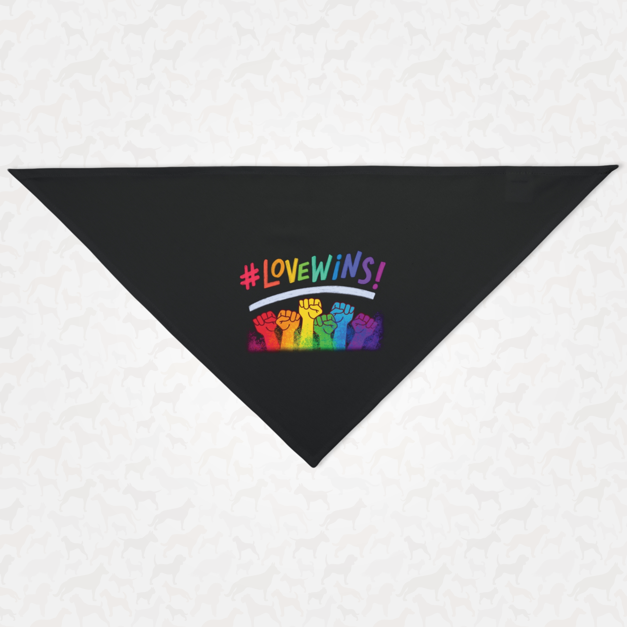 Dog Pride bandana with raised fists graphic saying Love Wins.