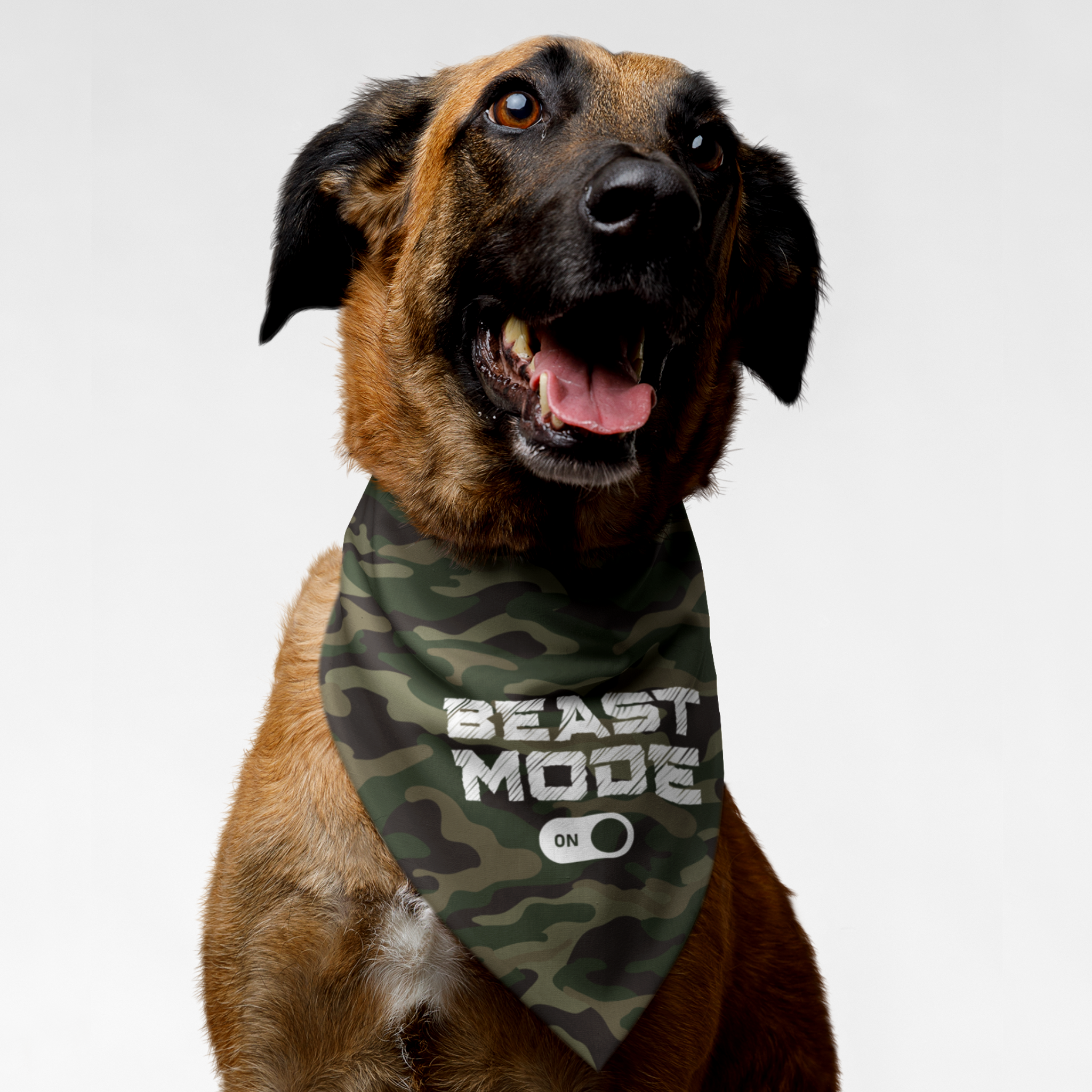 Dog wearing camo bandana with "Beast Mode: On" slogan.