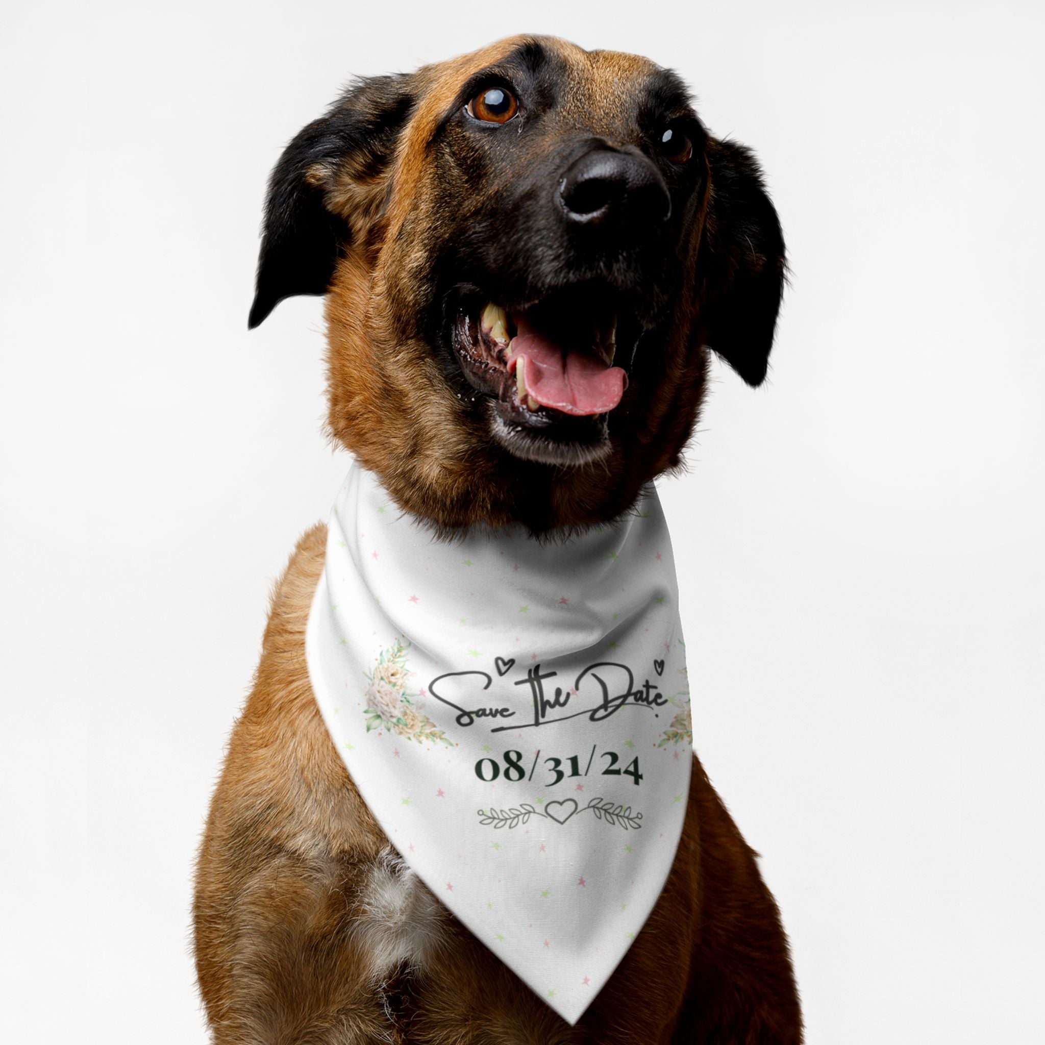 Dog wearing custom Save The Date personalized wedding bandana.