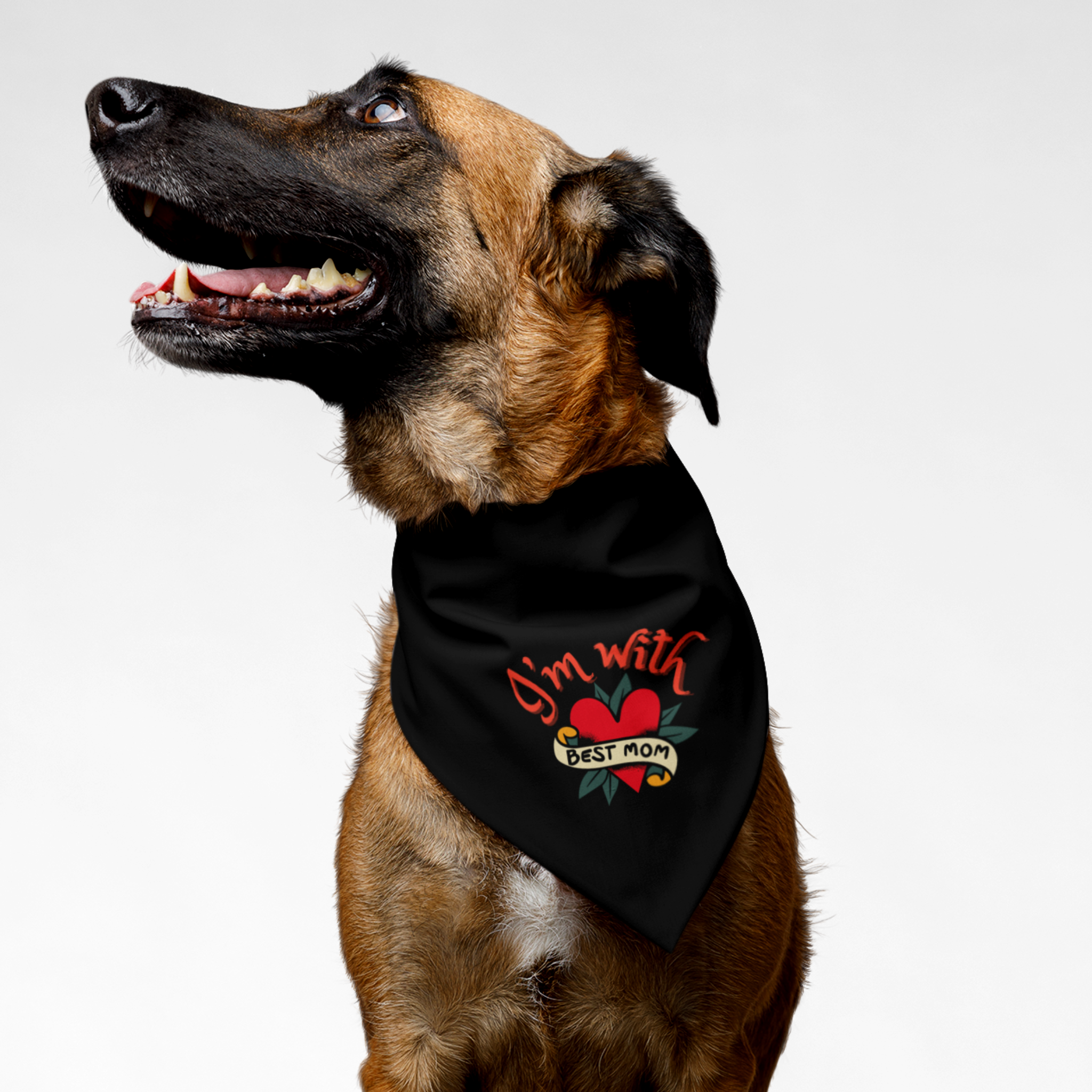 Dog wearing cute bandana featuring heart tattoo graphic saying I'm With Best Mom.