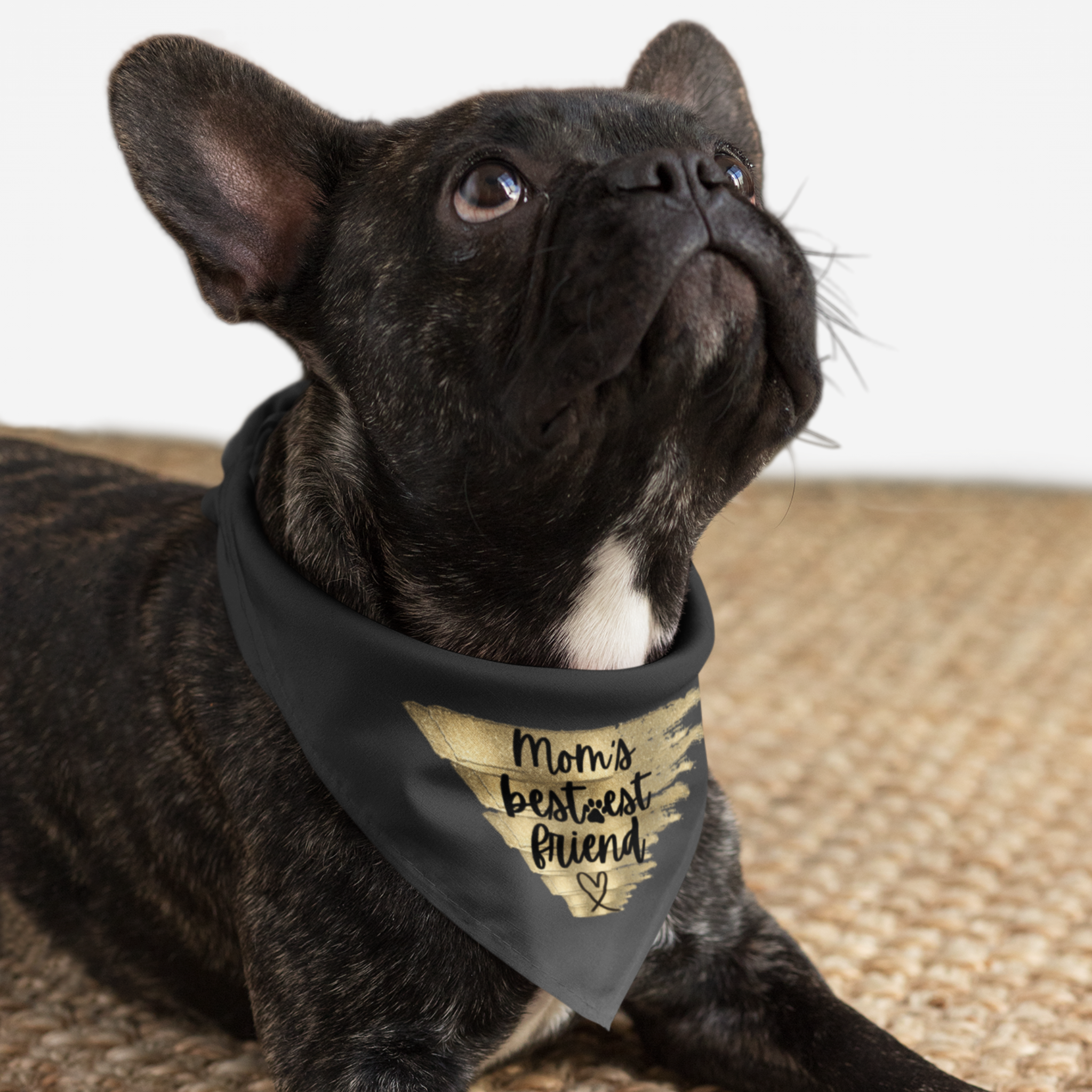 Dog wearing cute bandana with "Mom's Best-est Friend" quote on gold glitter.