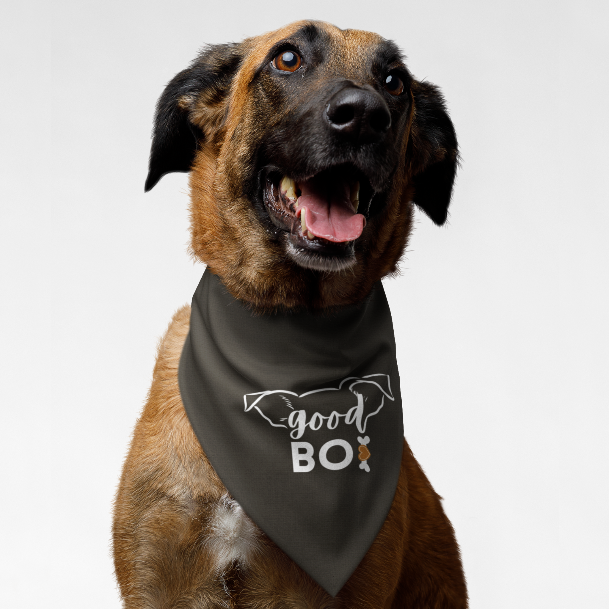 Dog wearing cute linen style print bandana saying Good Boi.