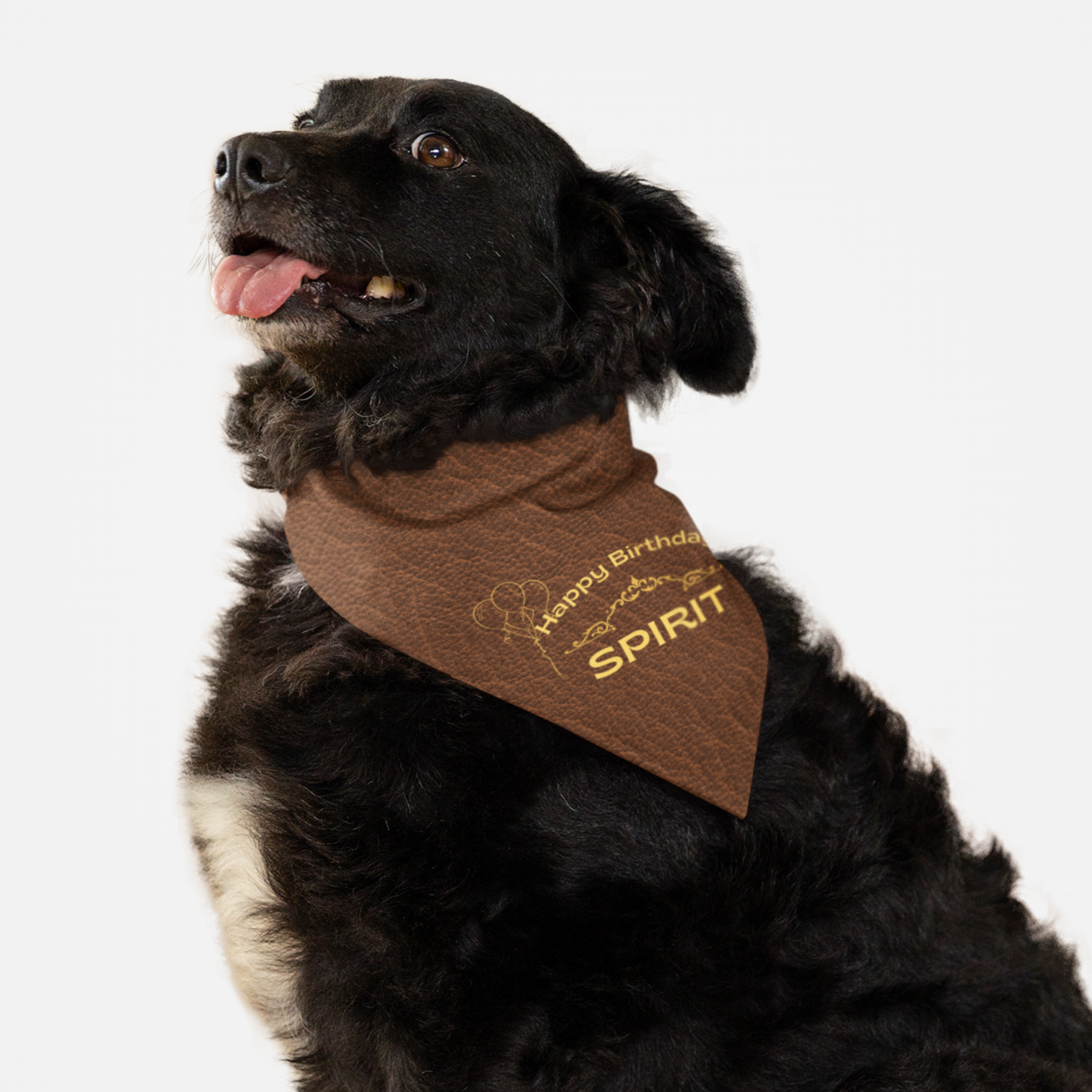 Dog wearing personalized name birthday bandana featuring gold Happy Birthday text on custom light tan leather print effect background.