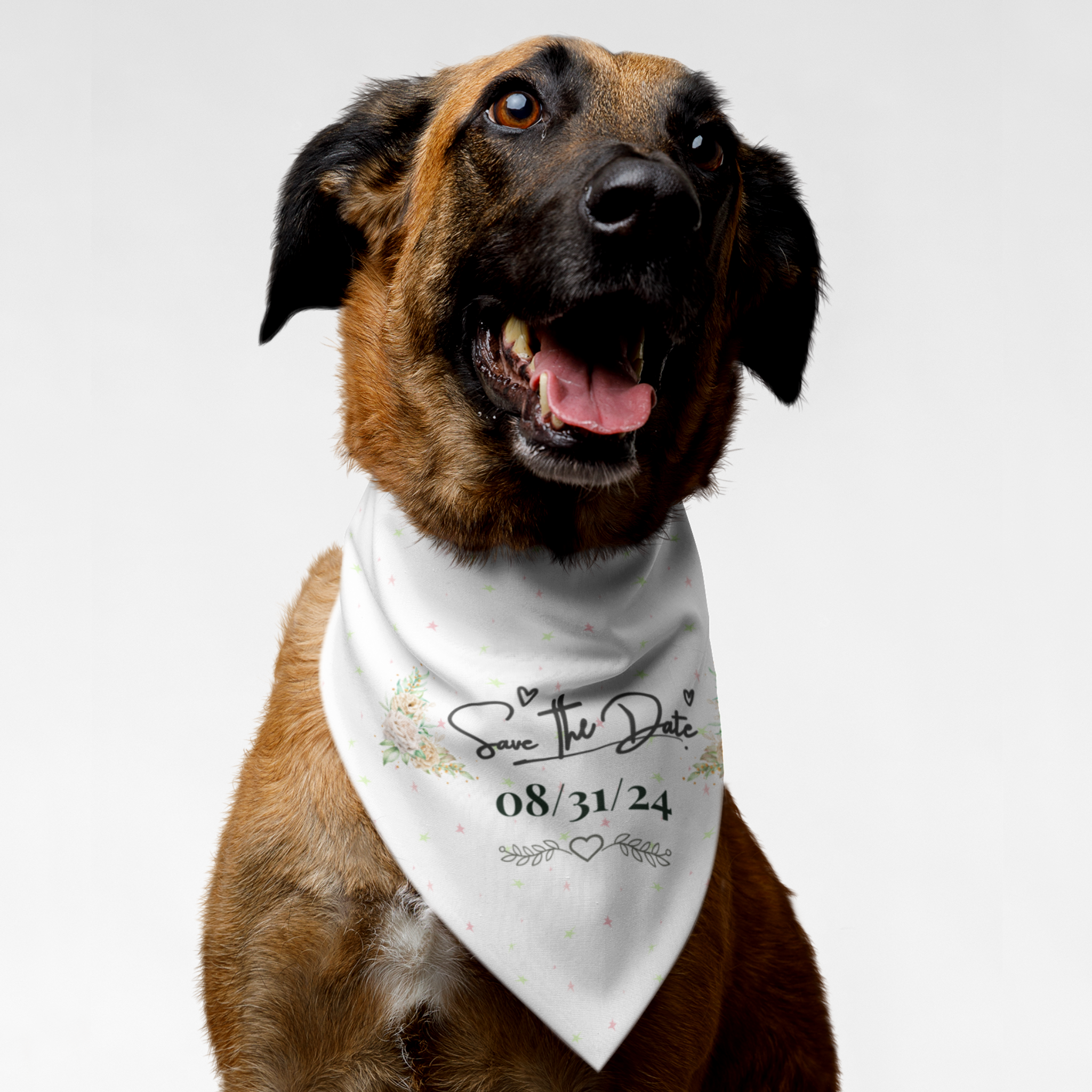 Dog wearing Save The Date personalized wedding bandana.