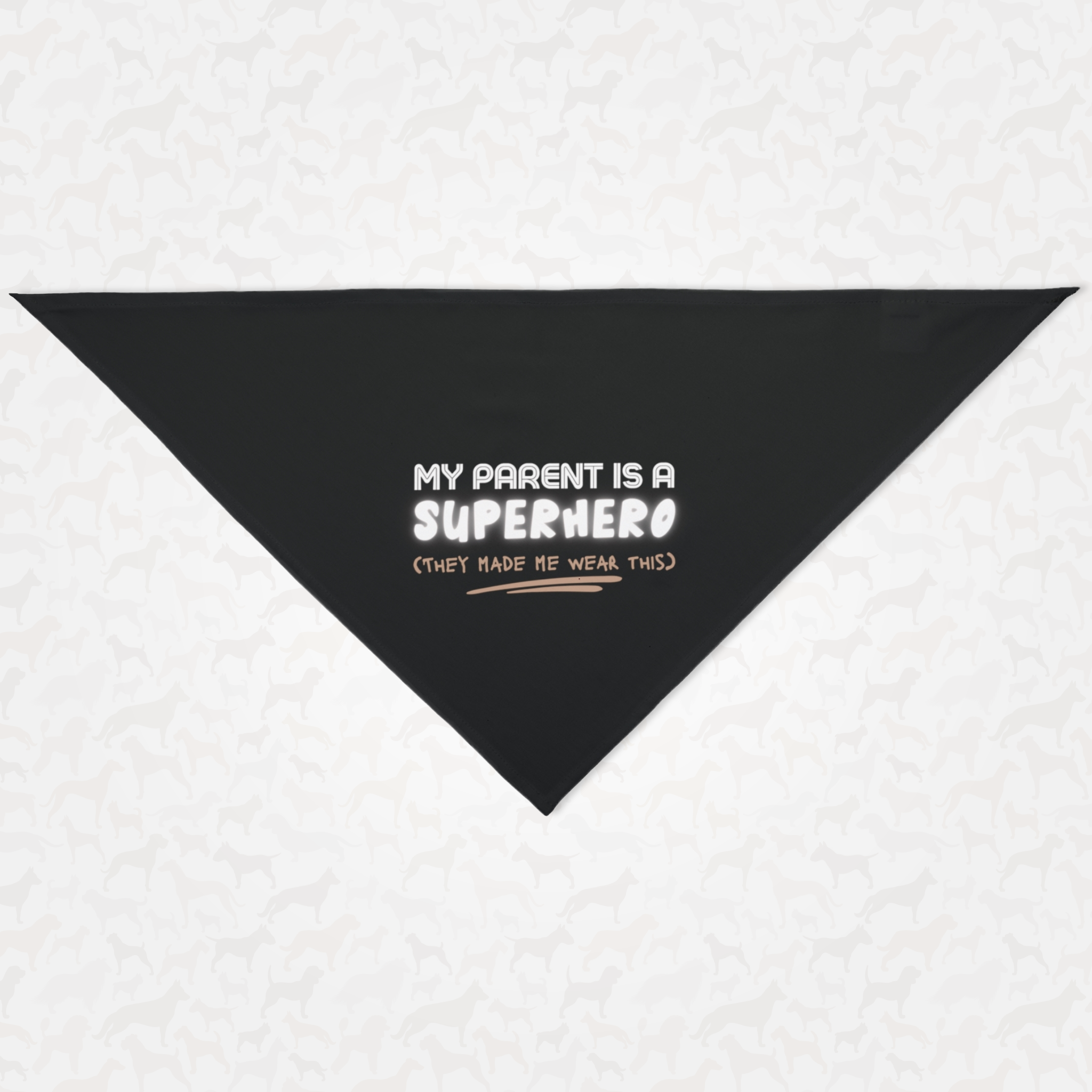 Funny and cute dog bandana with "My Parent Is A Superhero" quote printed on it.