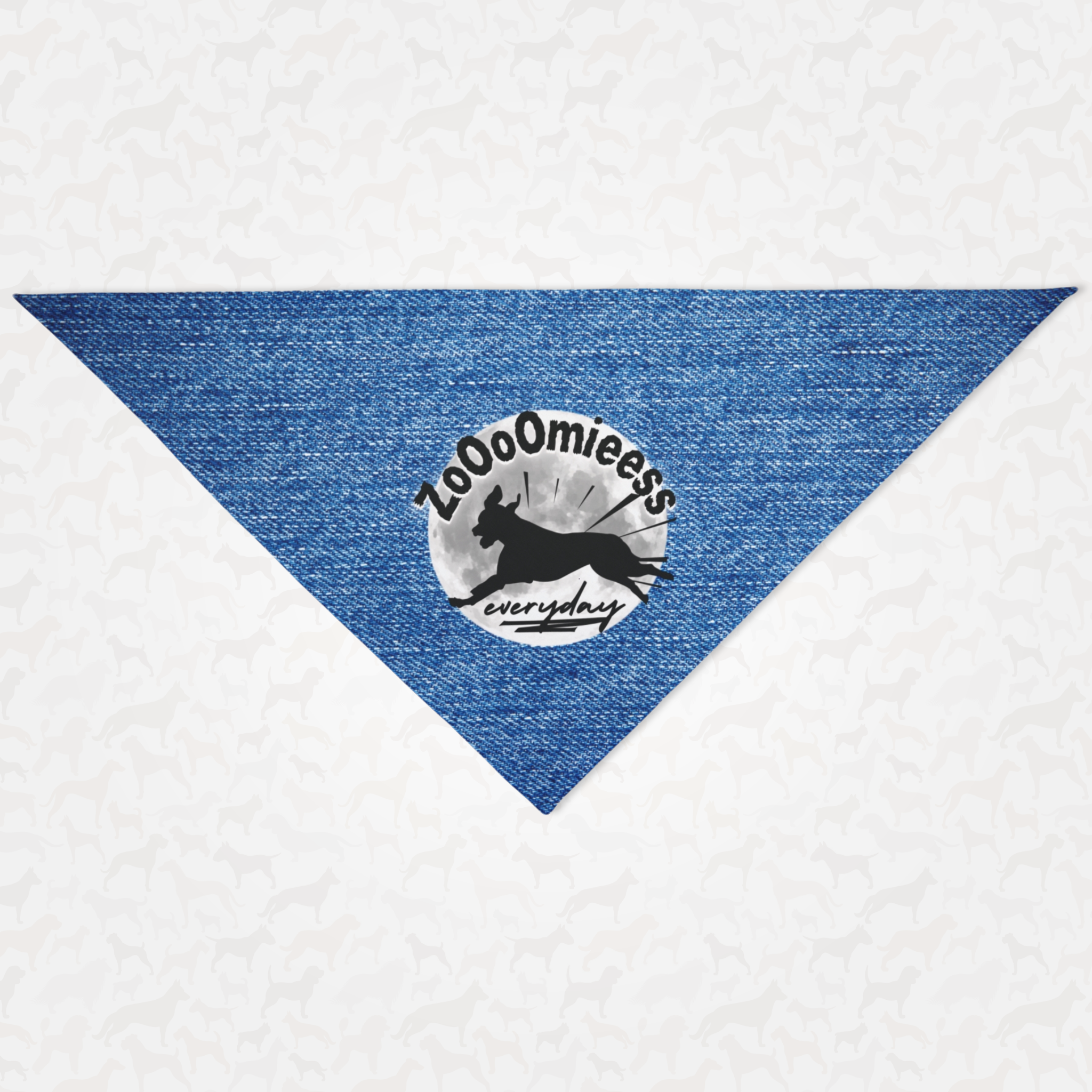 Funny dog bandana with denim style print saying Zoomies Everyday.