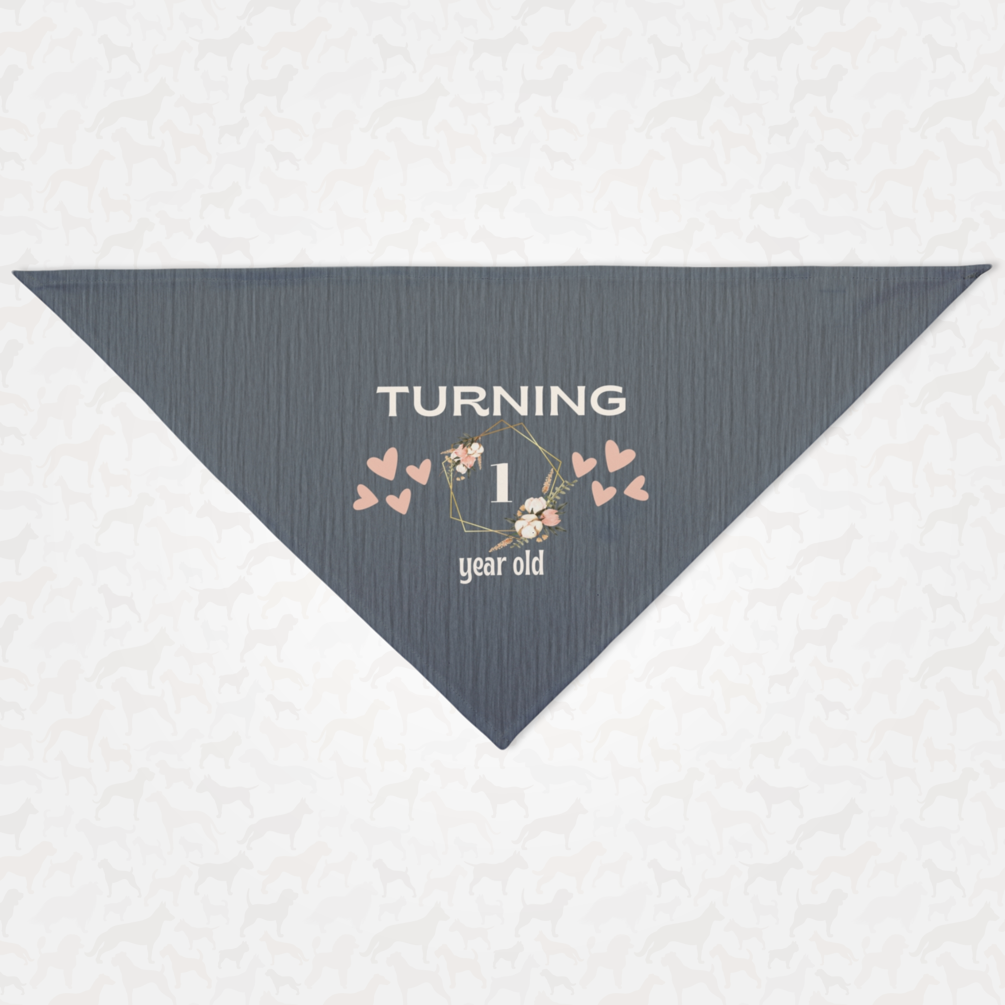 Personalized birthday dog bandana featuring custom year age in floral frame with hearts on gray background.