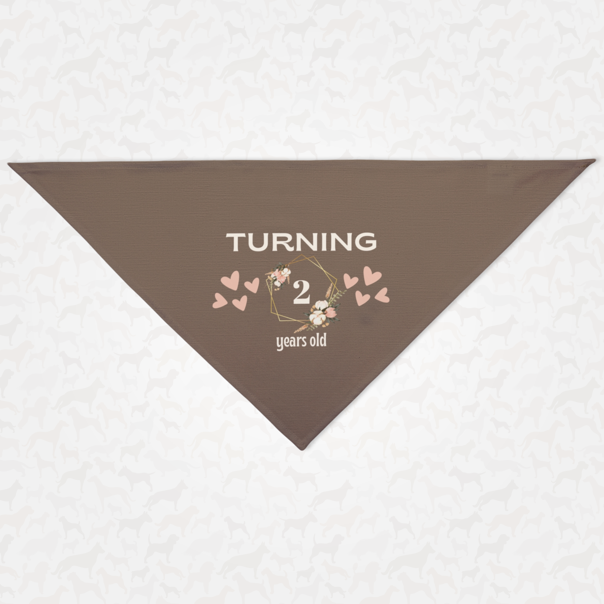 Personalized birthday dog bandana featuring custom year age in floral frame with hearts on taupe background.