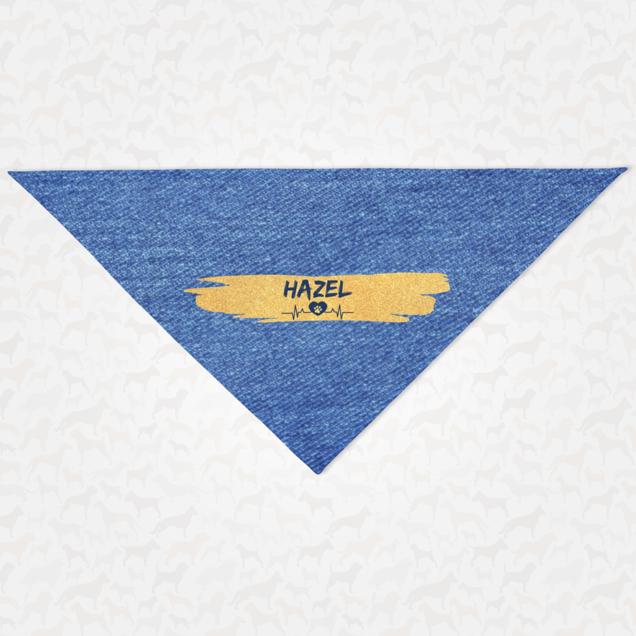 Personalized dog bandana featuring denim print effect with dog name on gold brush stroke.