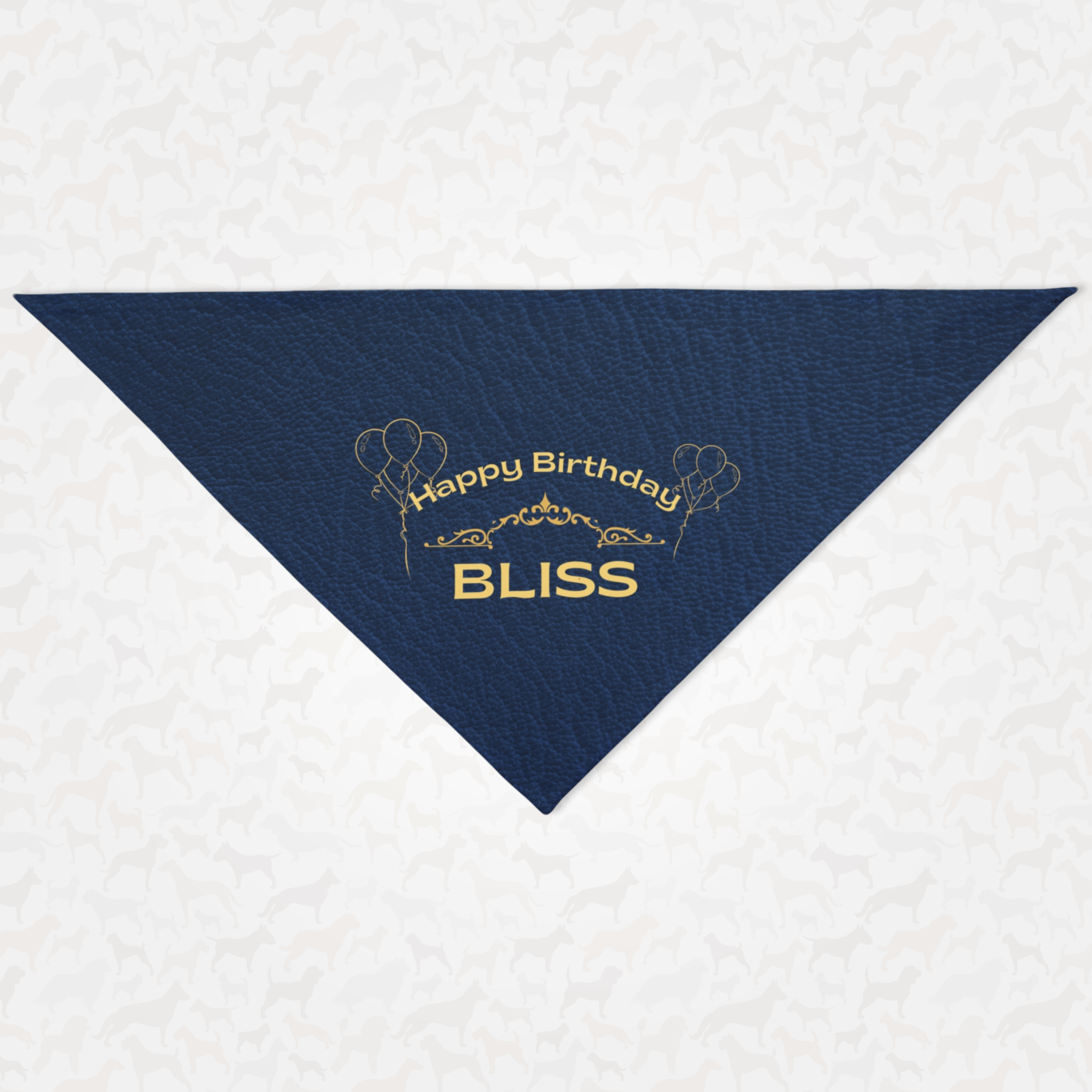 Personalized name birthday dog bandana featuring gold Happy Birthday text on custom blue leather print effect background.