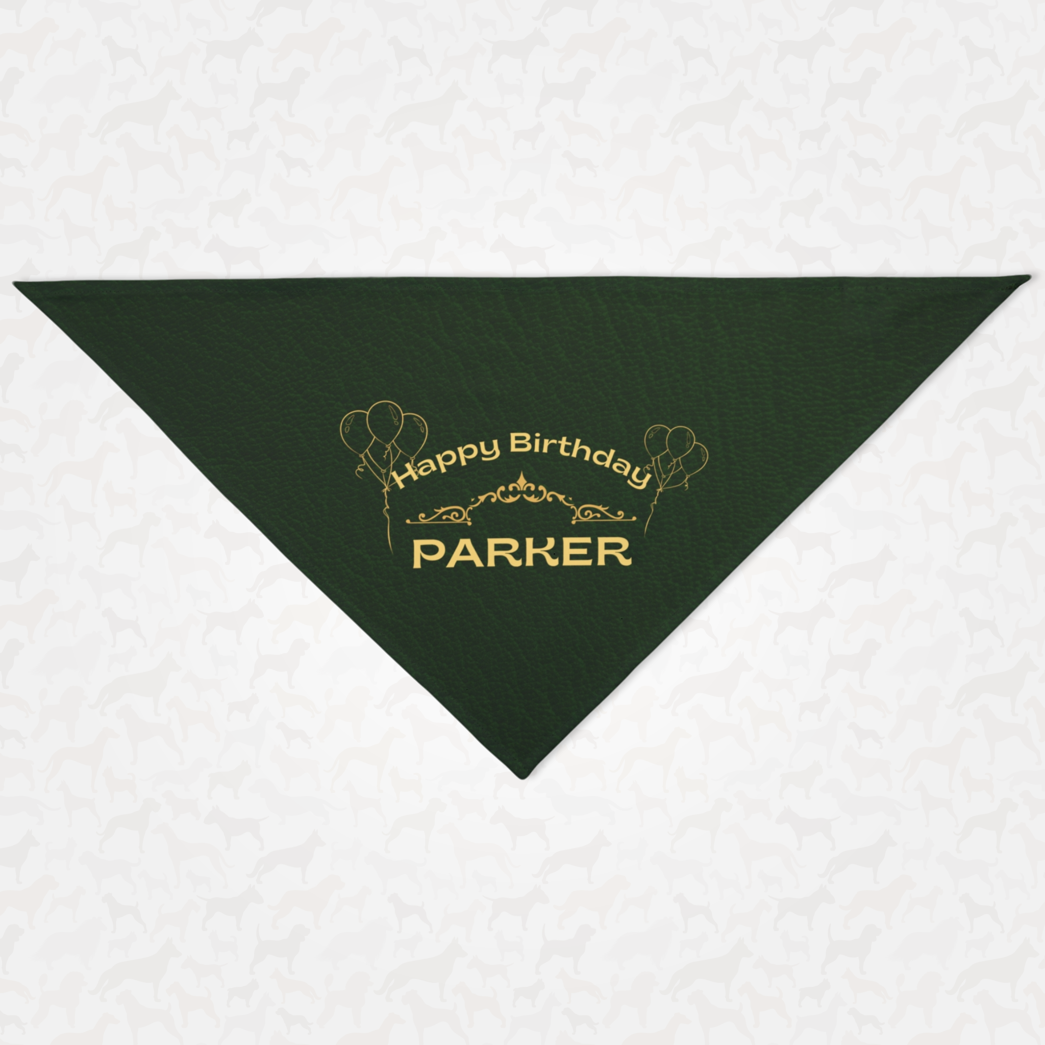 Personalized name birthday dog bandana featuring gold Happy Birthday text on custom green leather print effect background.