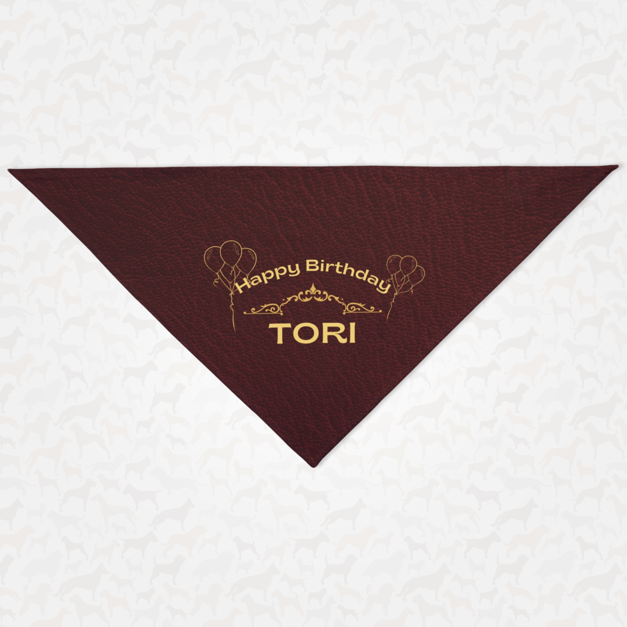 Personalized name birthday dog bandana featuring gold Happy Birthday text on custom red leather print effect background.