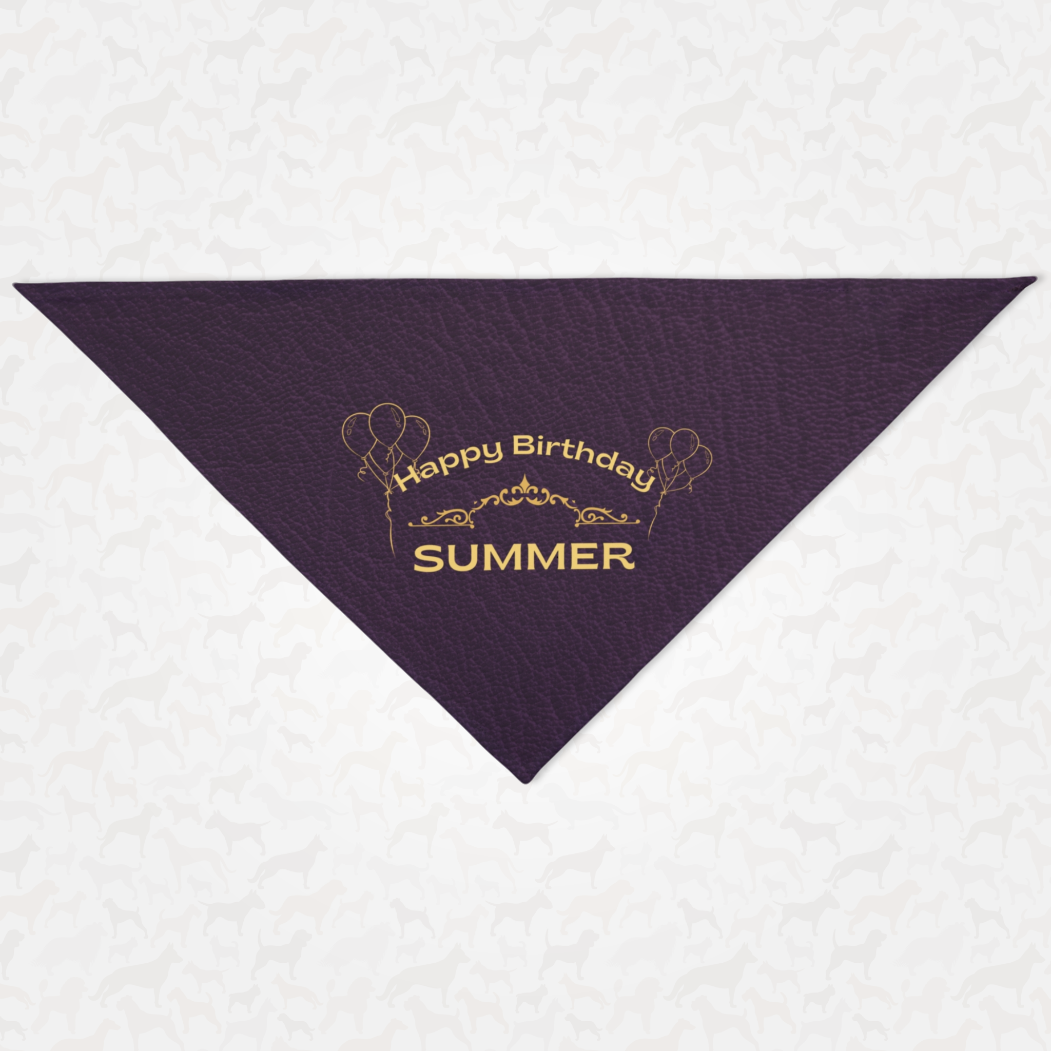 Personalized name birthday dog bandana featuring gold Happy Birthday text on custom violet leather print effect background.