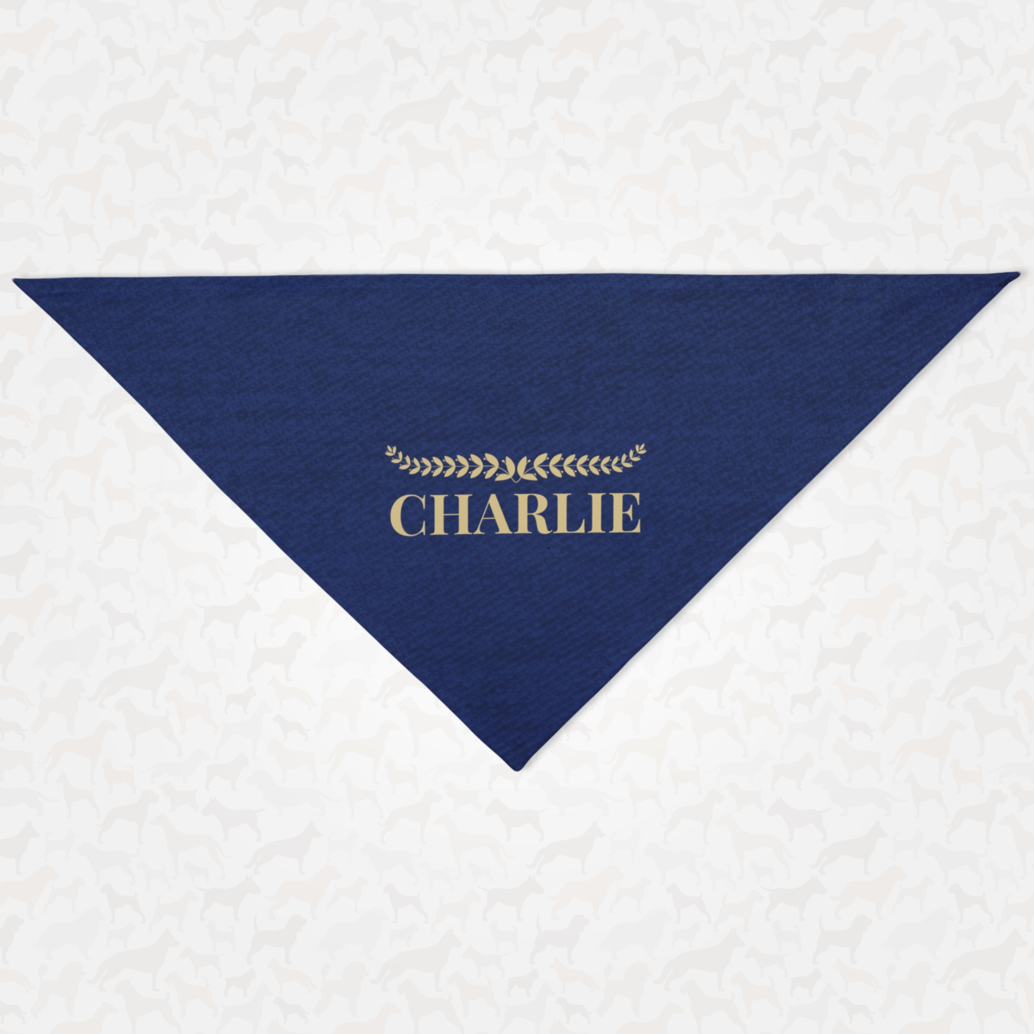 Personalized name dog bandana featuring denim print and gold laurel wreath graphic.