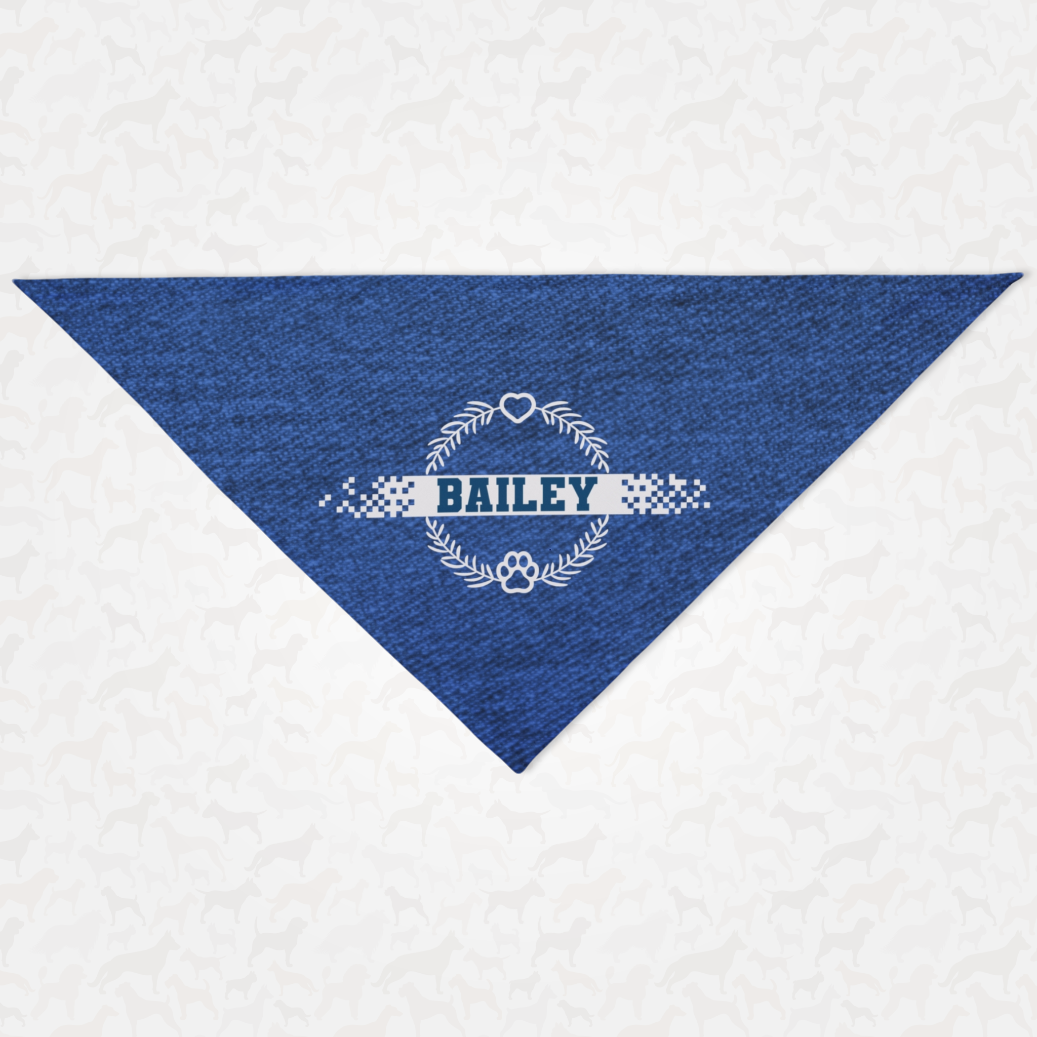 Personalized name dog bandana featuring denim print and laurel wreath graphic with heart and paw.