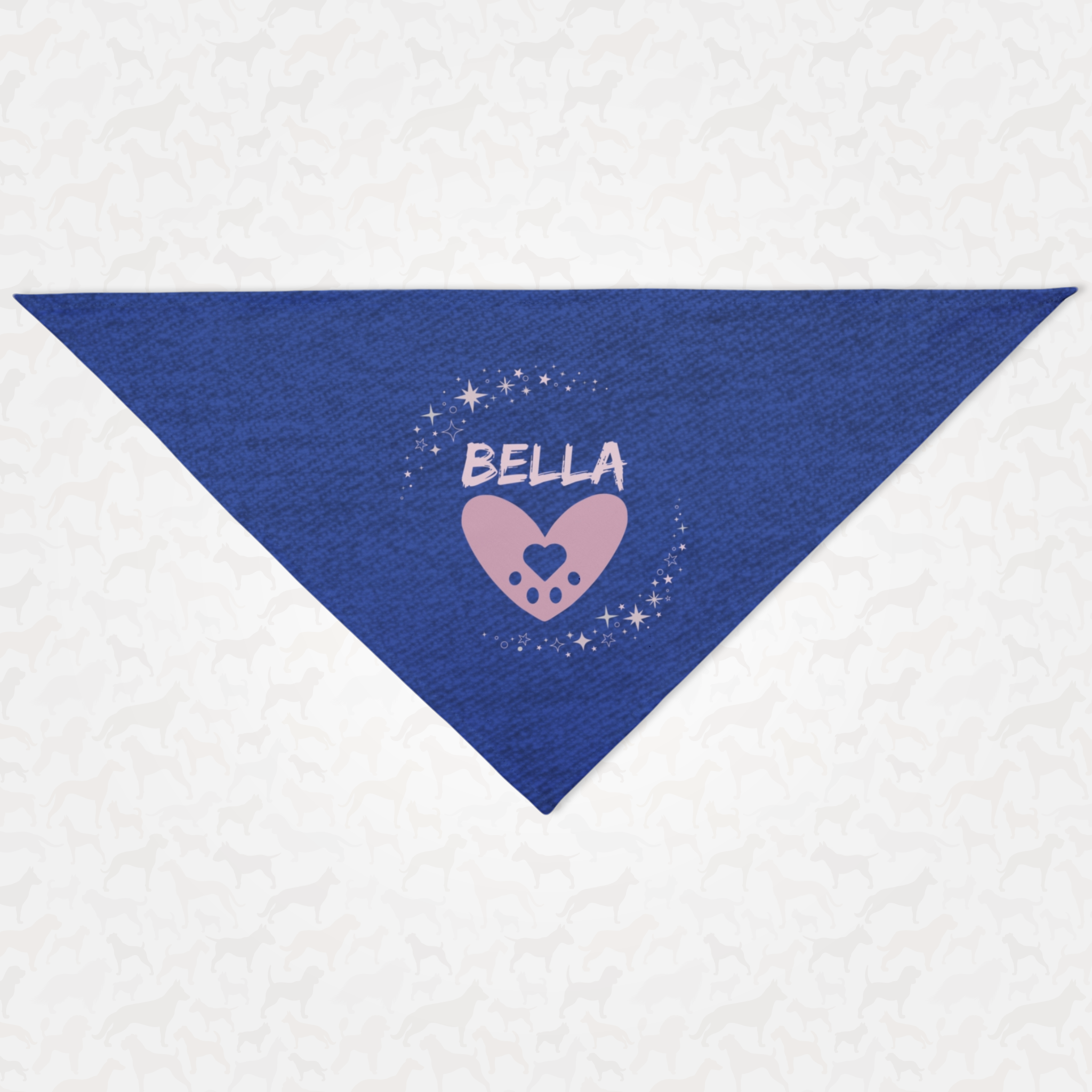 Personalized name dog bandana featuring denim print and stars frame with heart graphics.