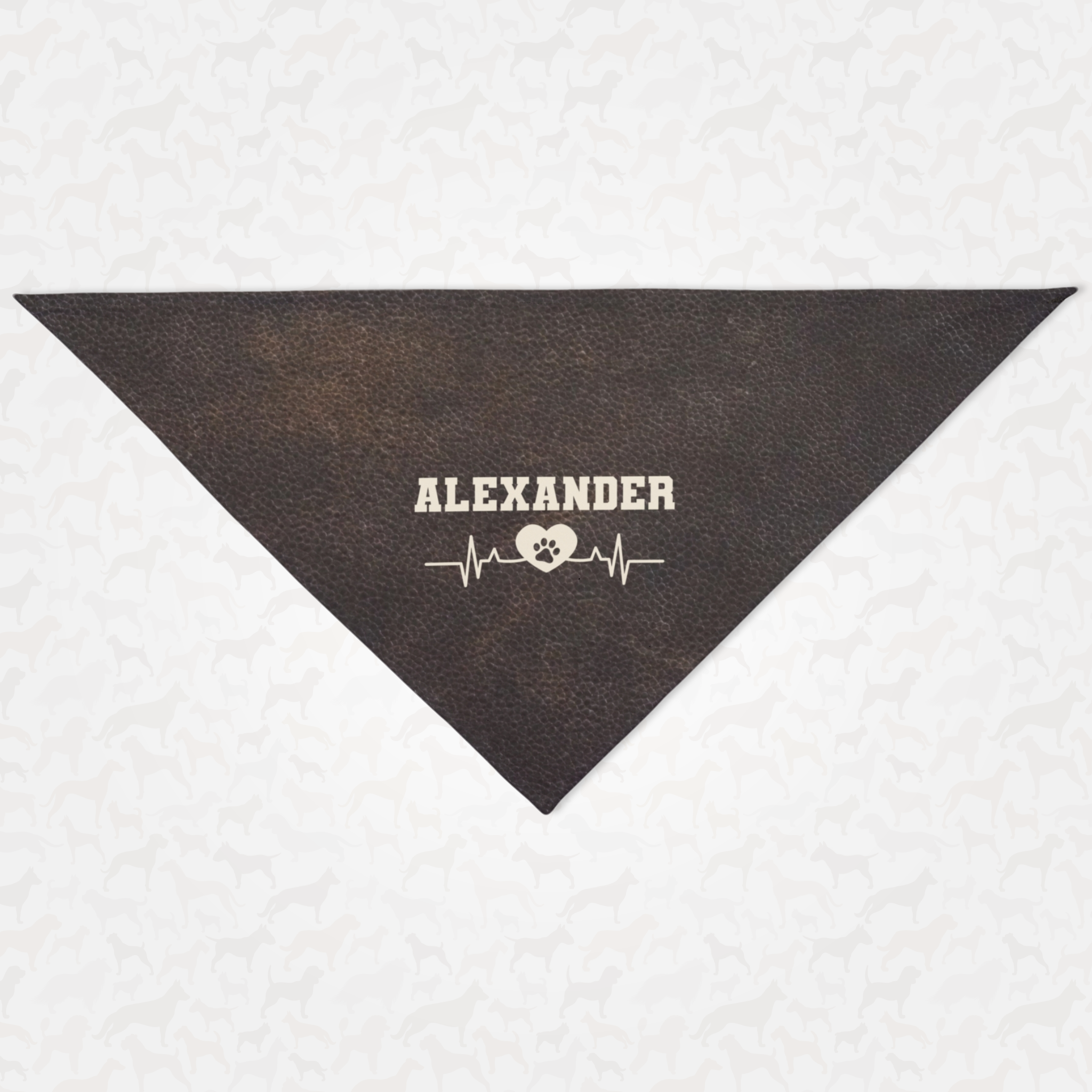 Personalized name dog bandana featuring leather effect print and heartbeat graphic.