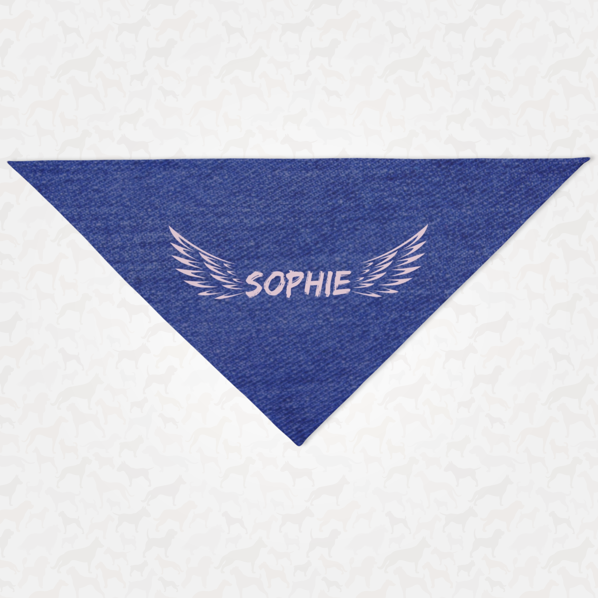 Personalized name dog bandana with custom denim background print and angel wings.