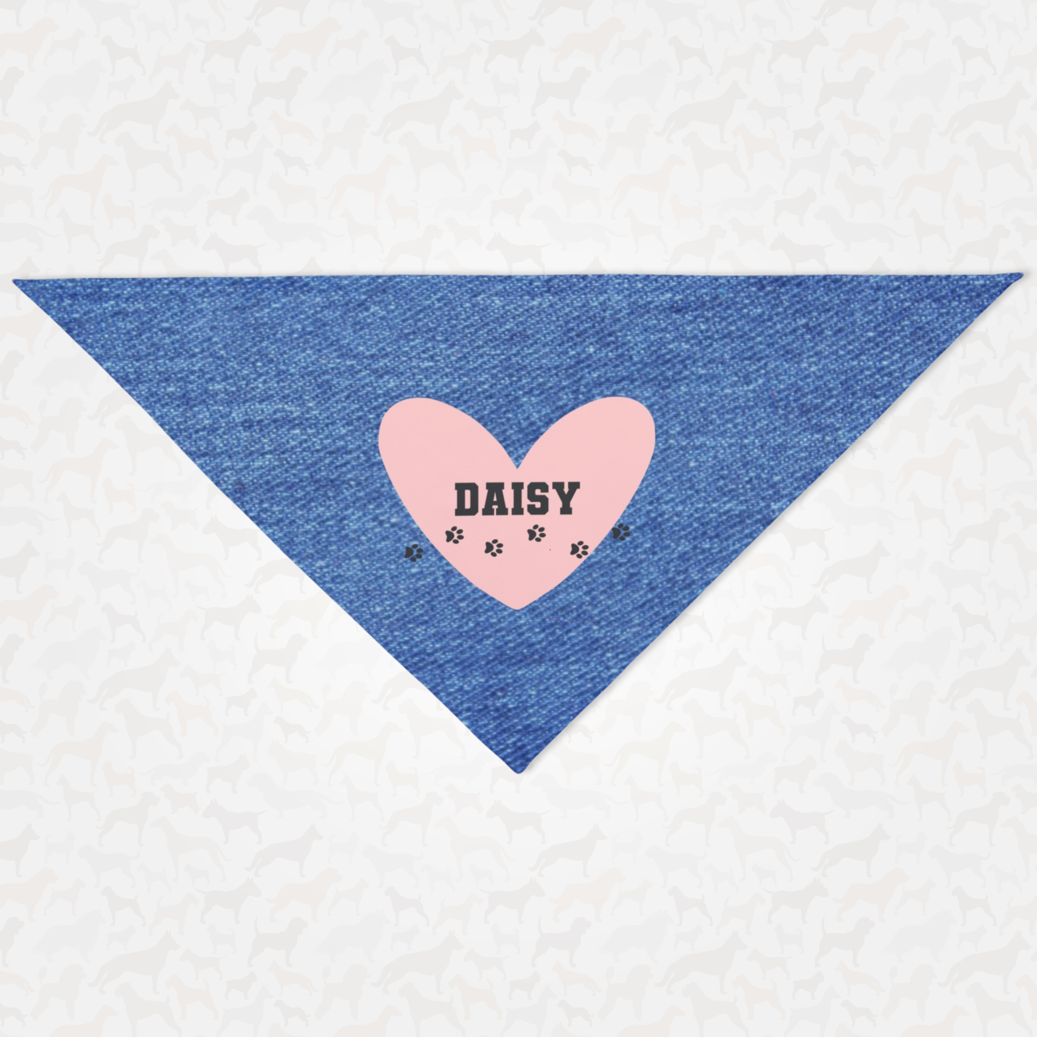 Personalized name dog bandana with denim print and cute pink heart with paws graphic.