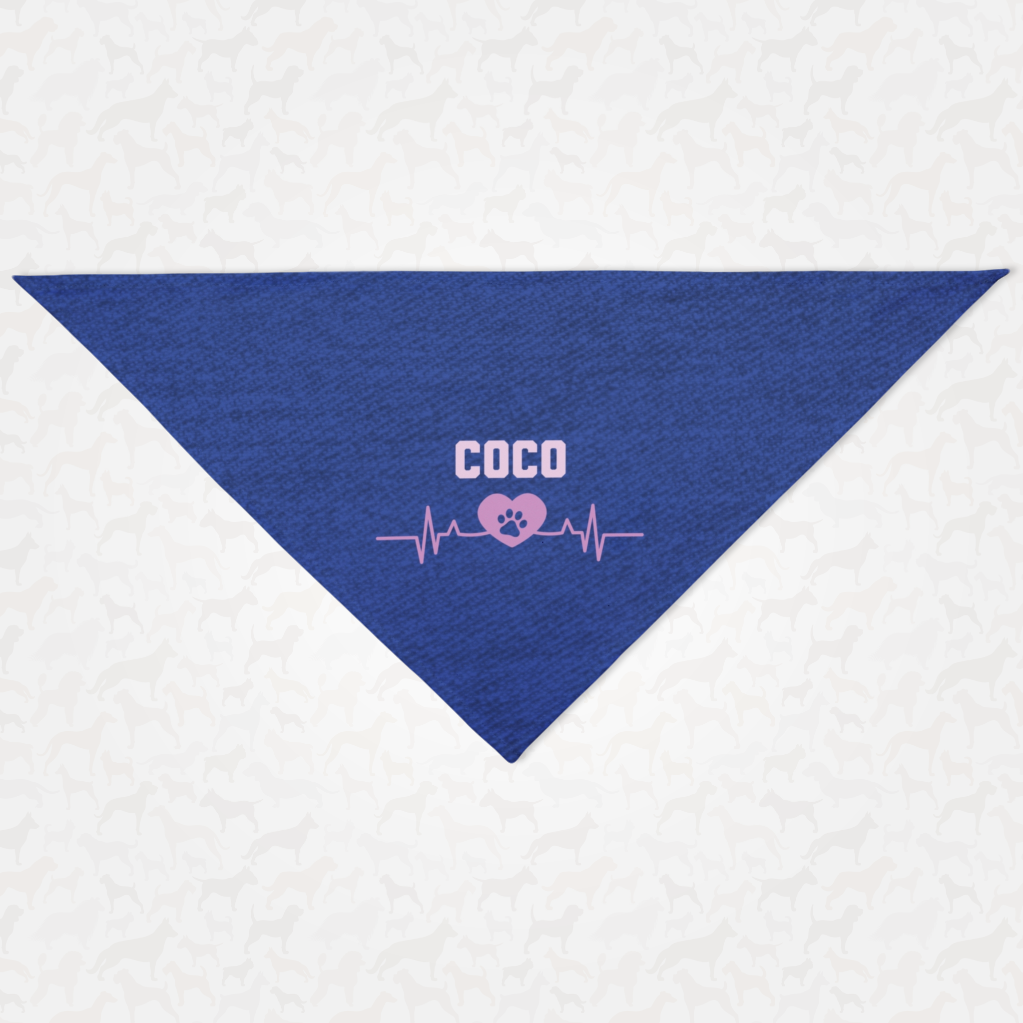 Personalized name dog bandana with denim print and pink heartbeat graphic.