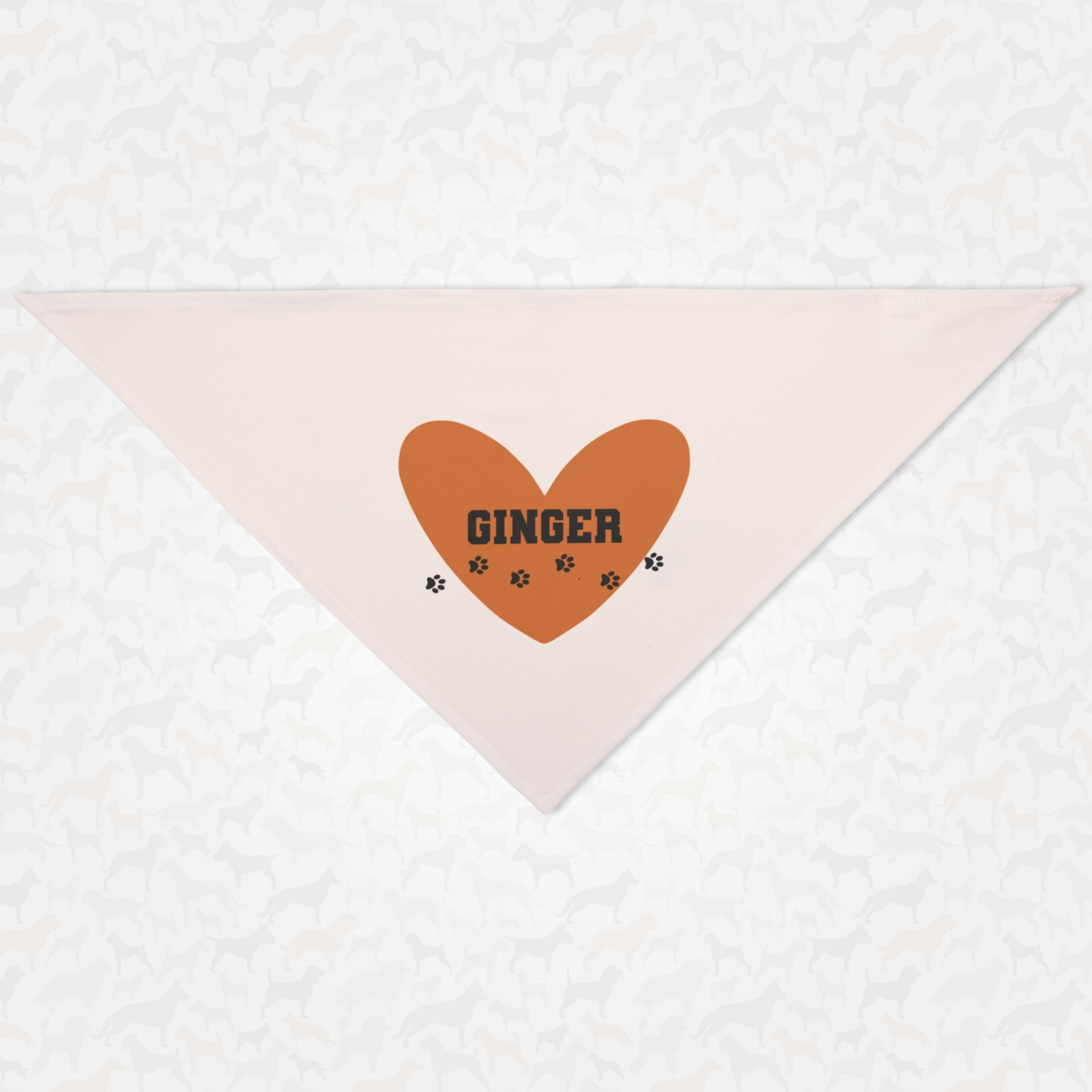 Personalized name dog bandana with solid background print and cute heart with paws graphic.