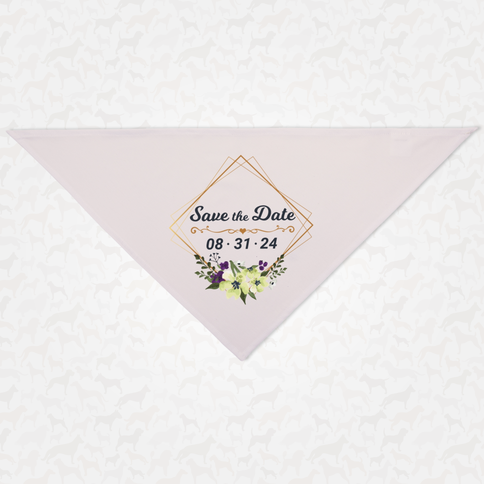 Personalized Save the Date dog bandana with custom wedding date.