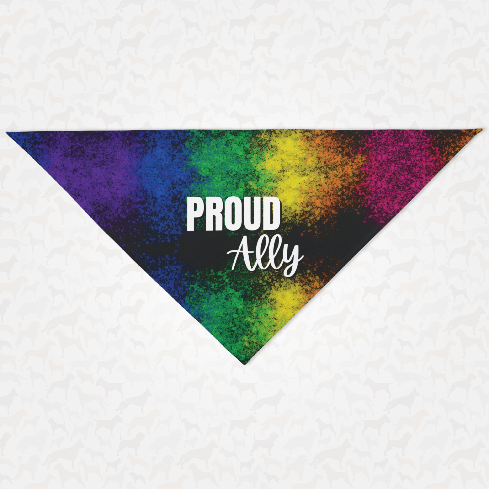 Pride dog bandana with rainbow paint splash backdrop saying "Proud Ally."