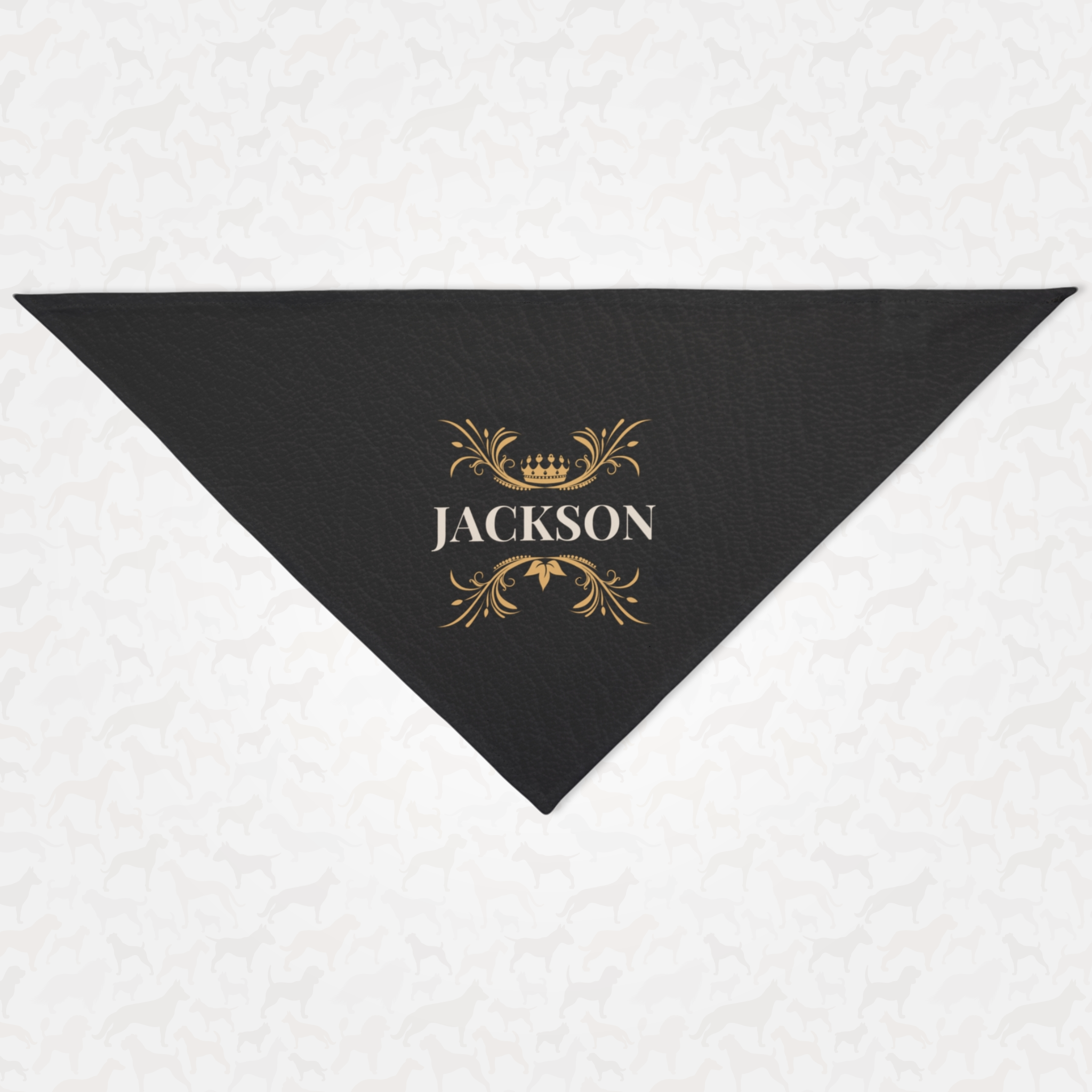 Royal style personalized name dog bandana with custom black leather print effect background.