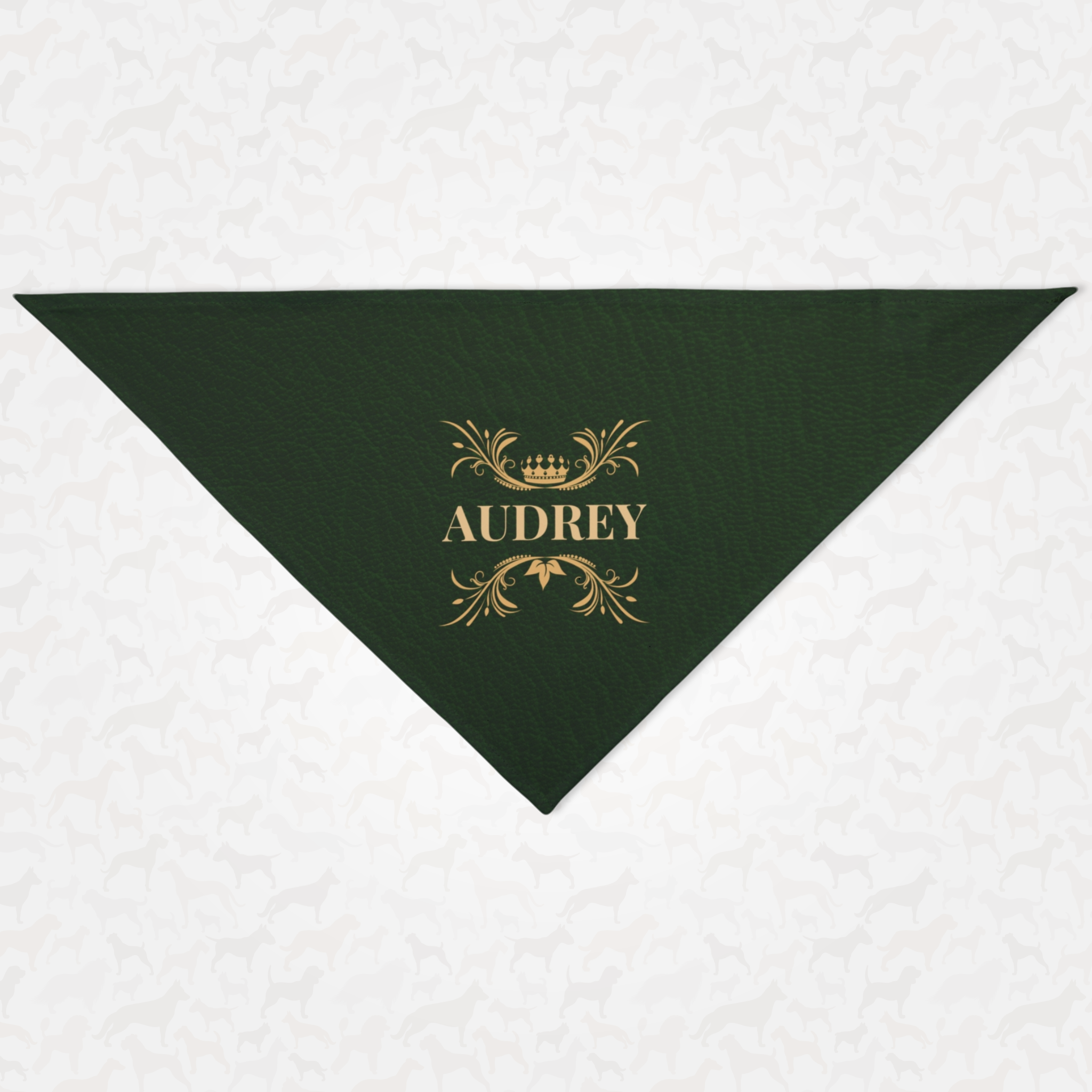 Royal style personalized name dog bandana with custom green leather print effect background.