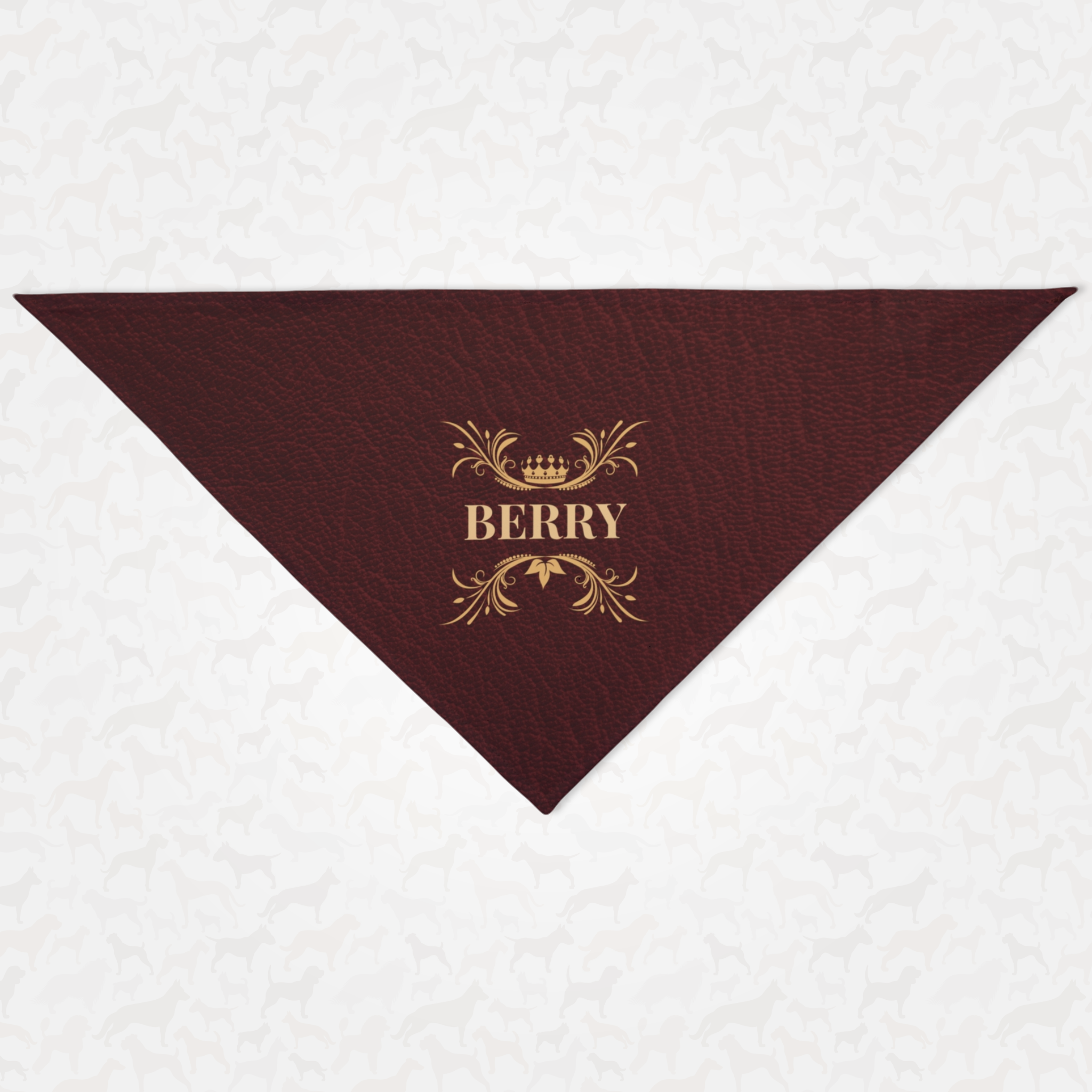 Royal style personalized name dog bandana with custom red leather print effect background.