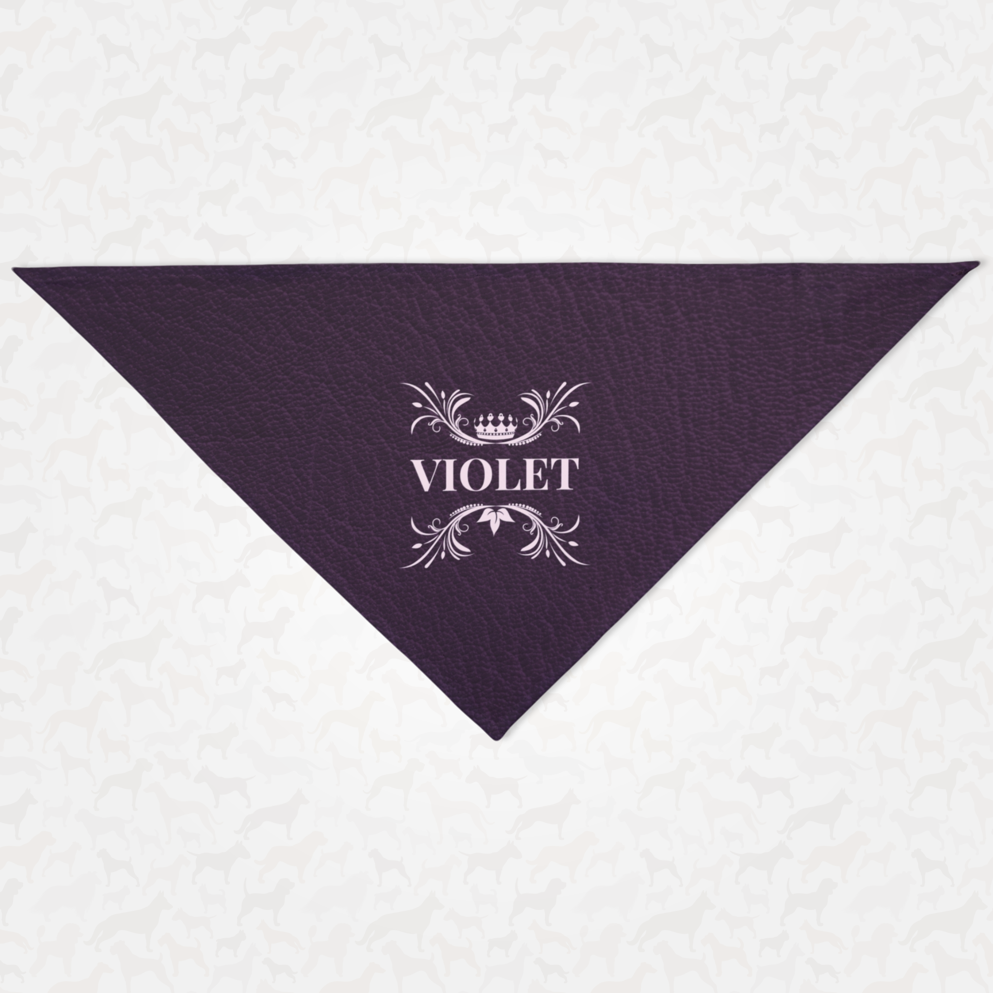 Royal style personalized name dog bandana with custom violet leather print effect background.