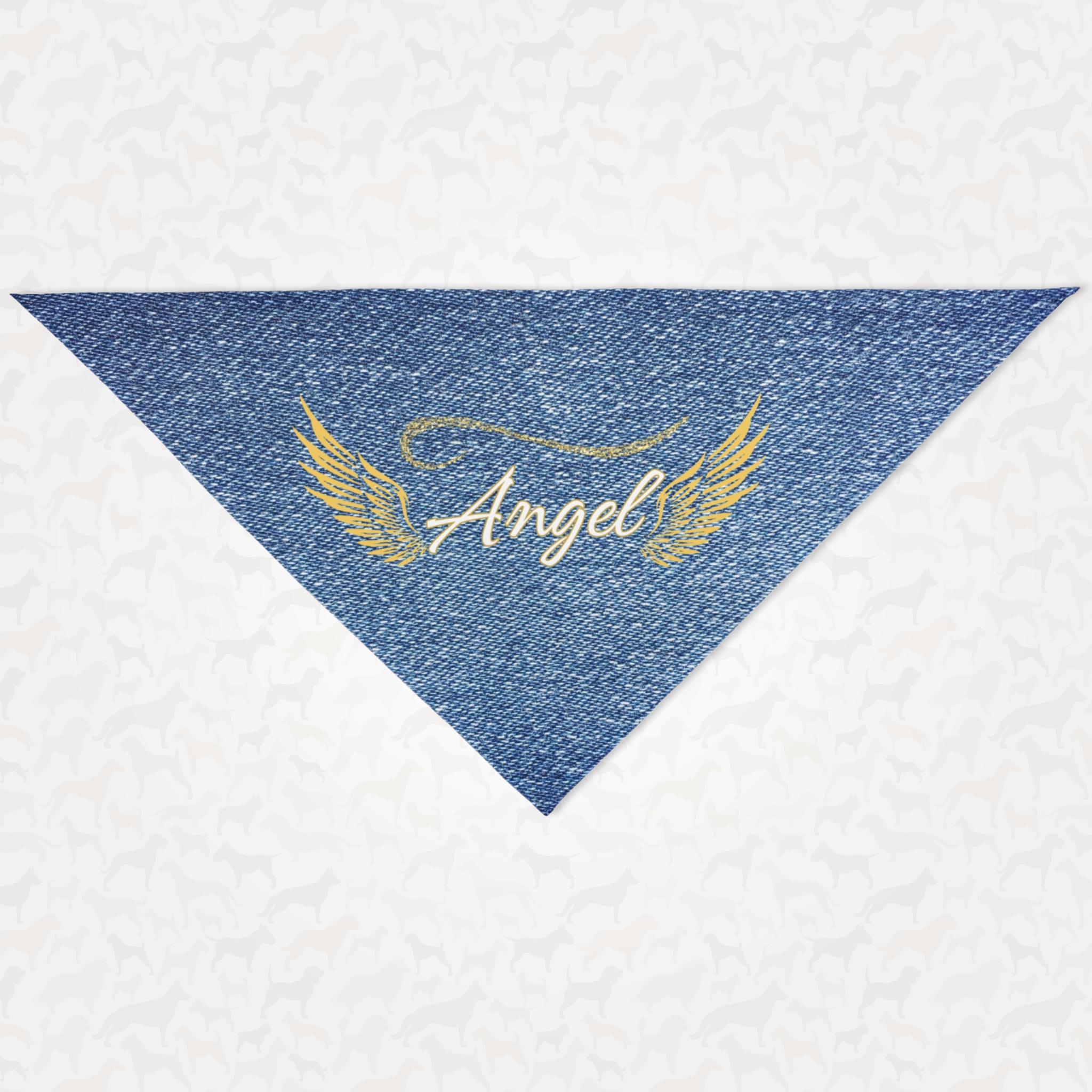 Stylish dog bandana with denim style print featuring golden wings and the word Angel in cursive font.