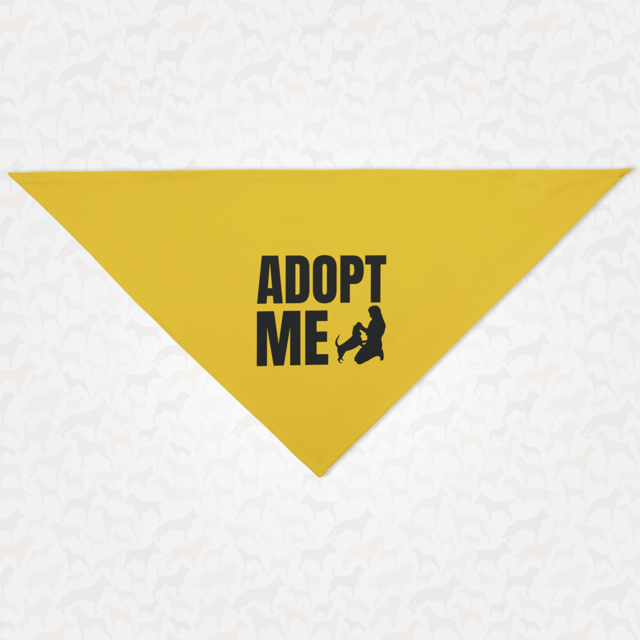 Yellow "Adopt Me" dog bandana.